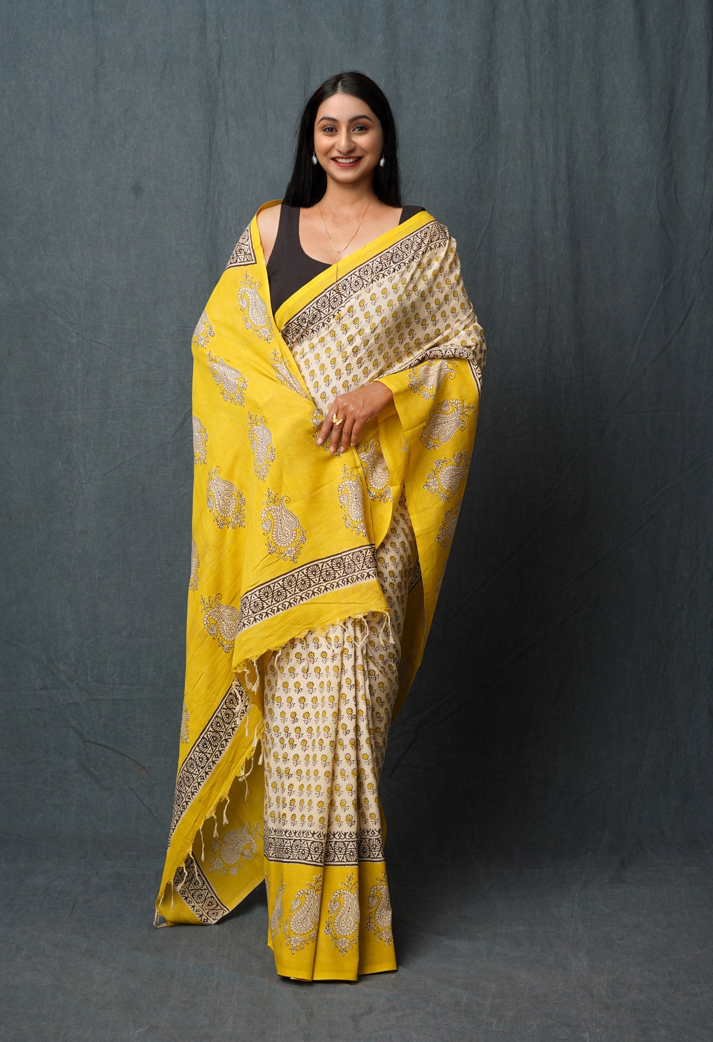 Cream Pure Bagru Printed Soft Silk Saree