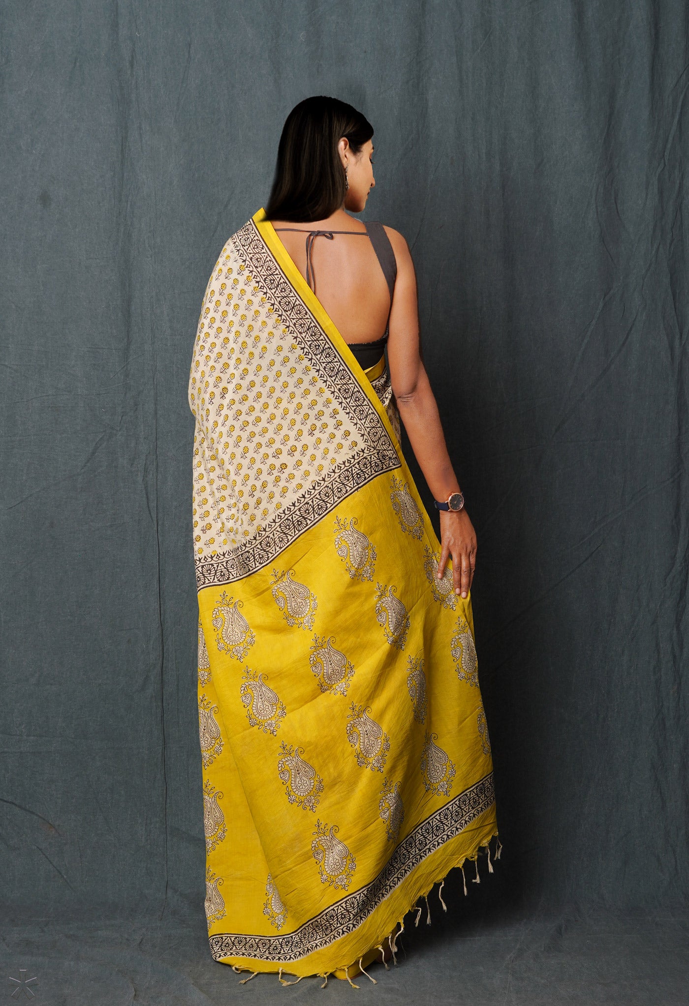 Cream Pure Bagru Printed Soft Silk Saree