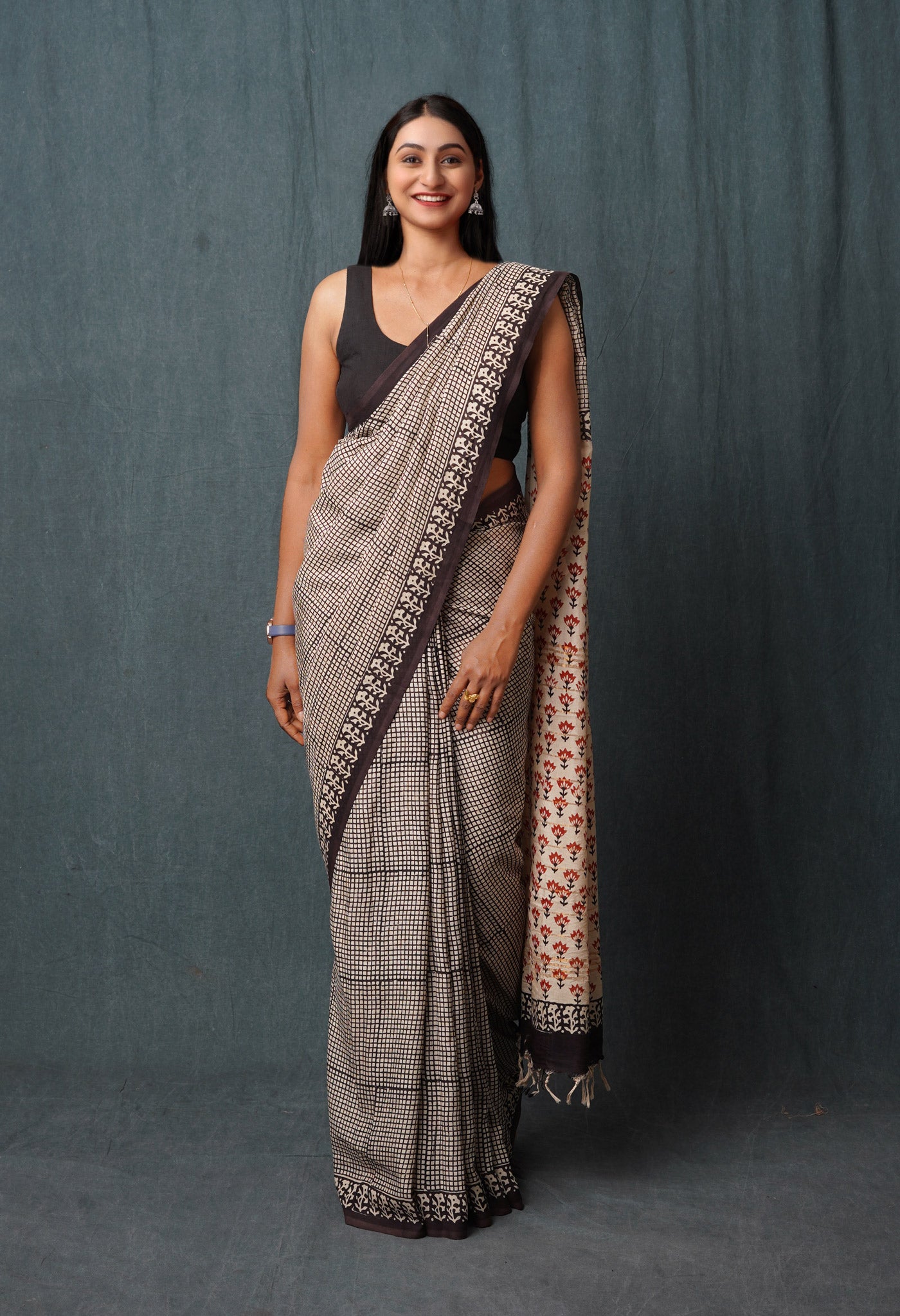 Ivory Pure Bagru Printed Soft Silk Saree