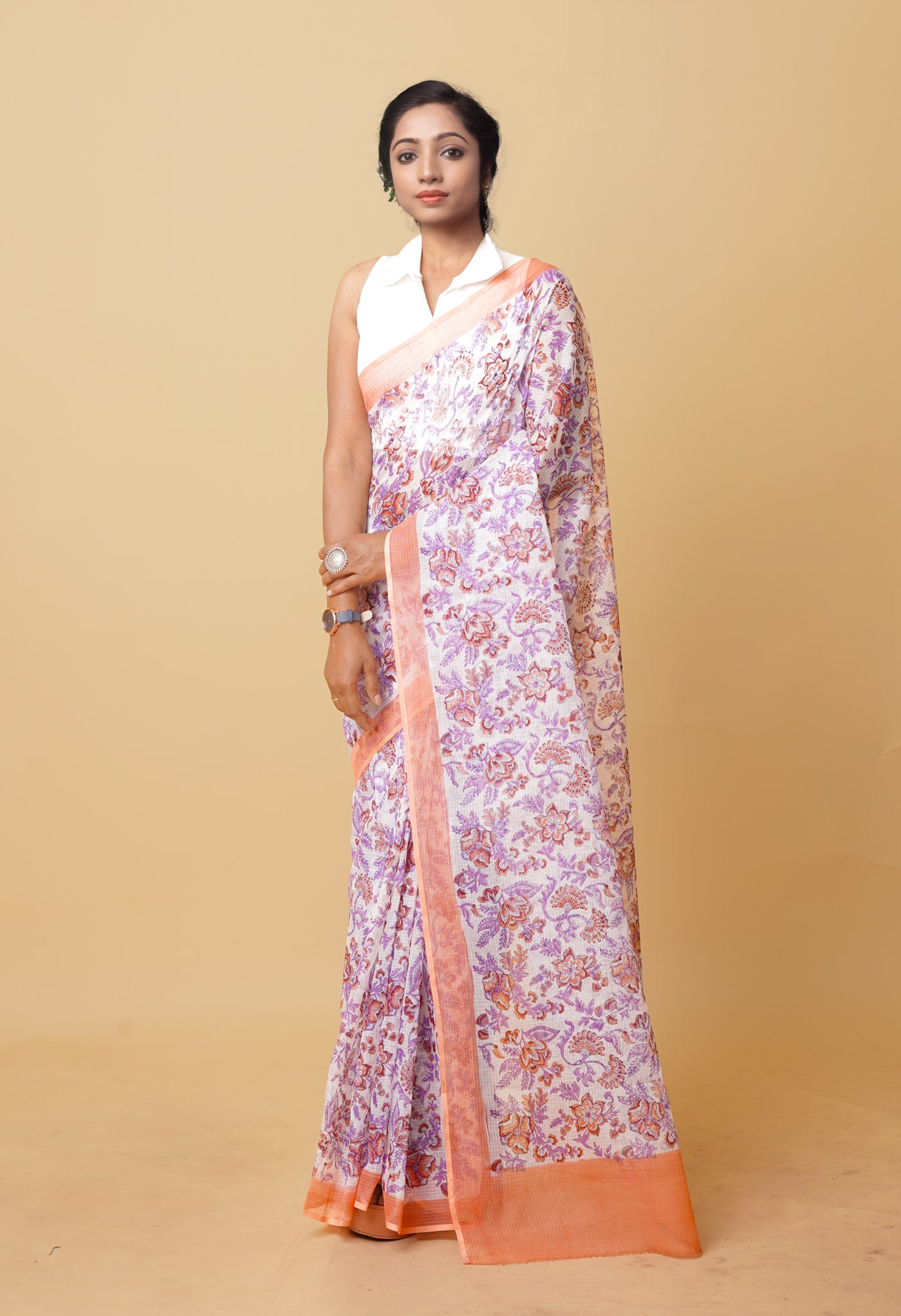 White Pure Hand Block Printed Kota Saree