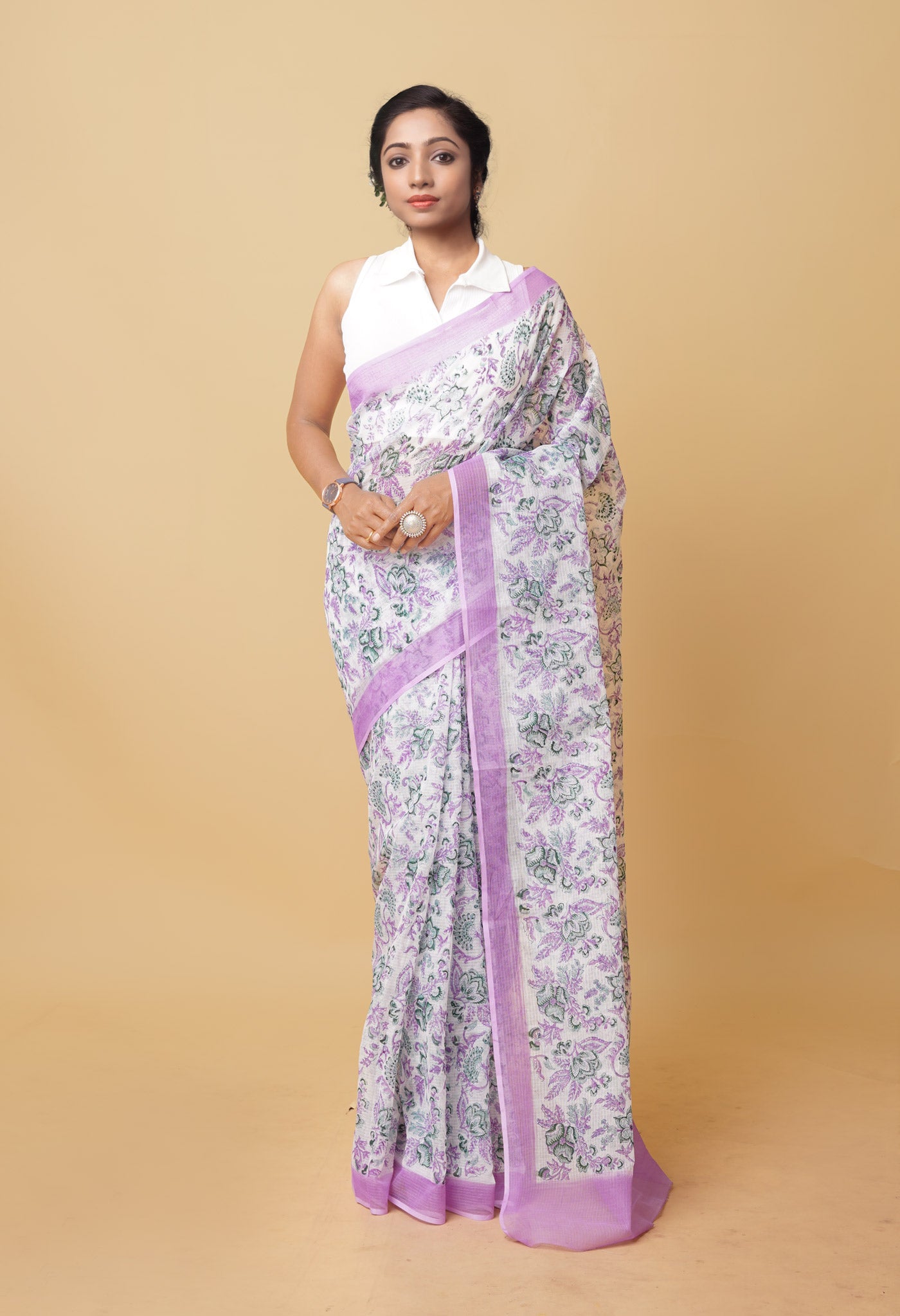 White Pure Hand Block Printed Kota Saree