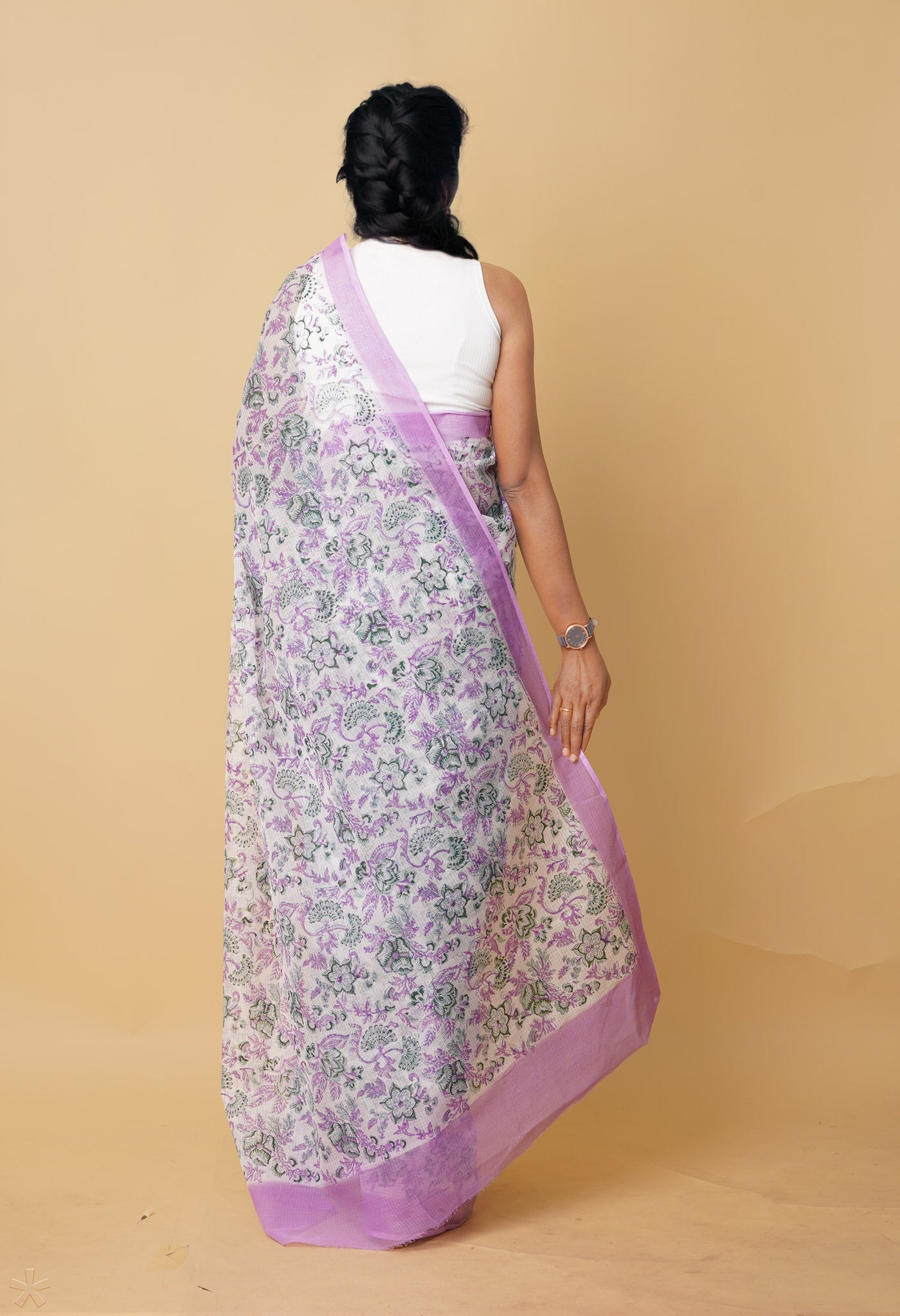 White Pure Hand Block Printed Kota Saree