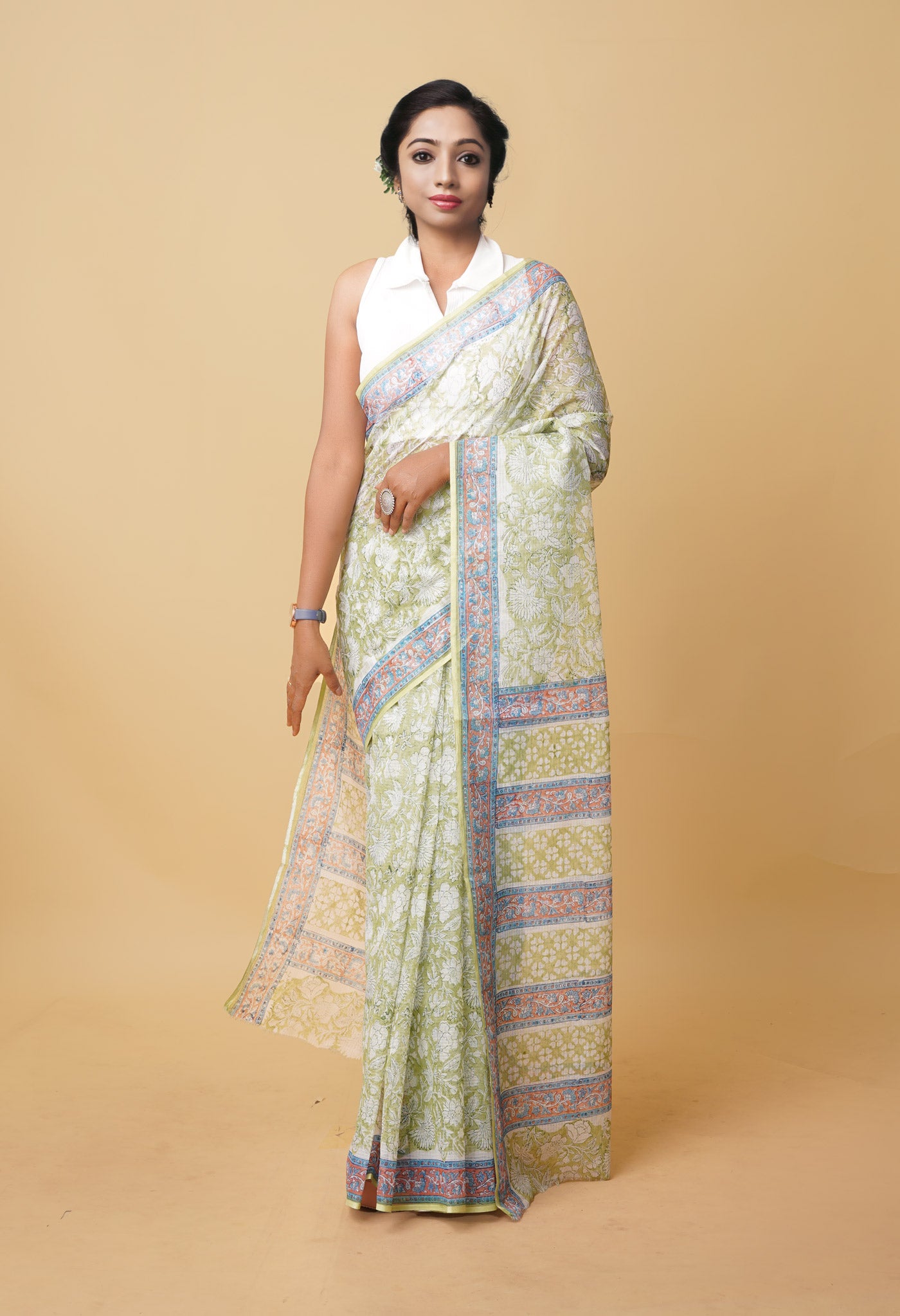 Green Pure Hand Block Printed Kota Saree