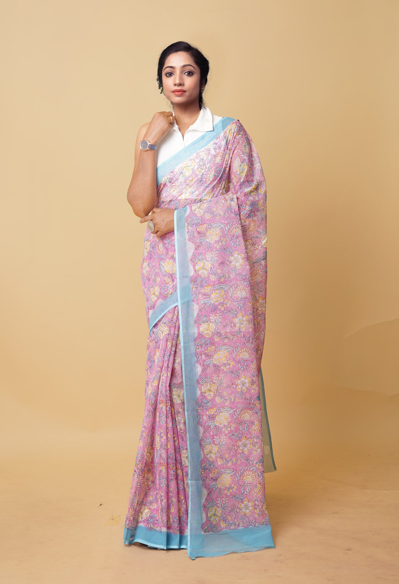 Pink Pure Hand Block Printed Kota Saree