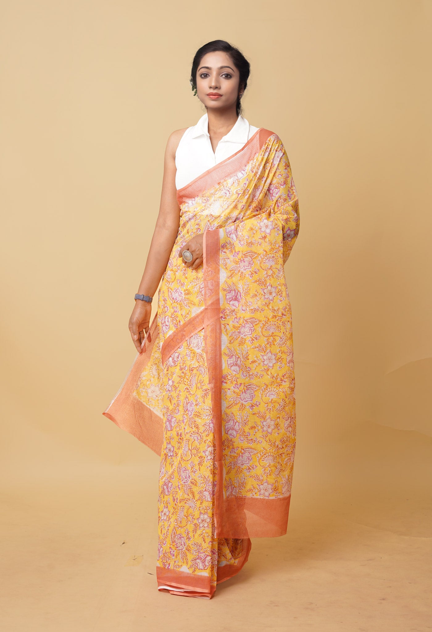 Yellow Pure Hand Block Printed Kota Saree