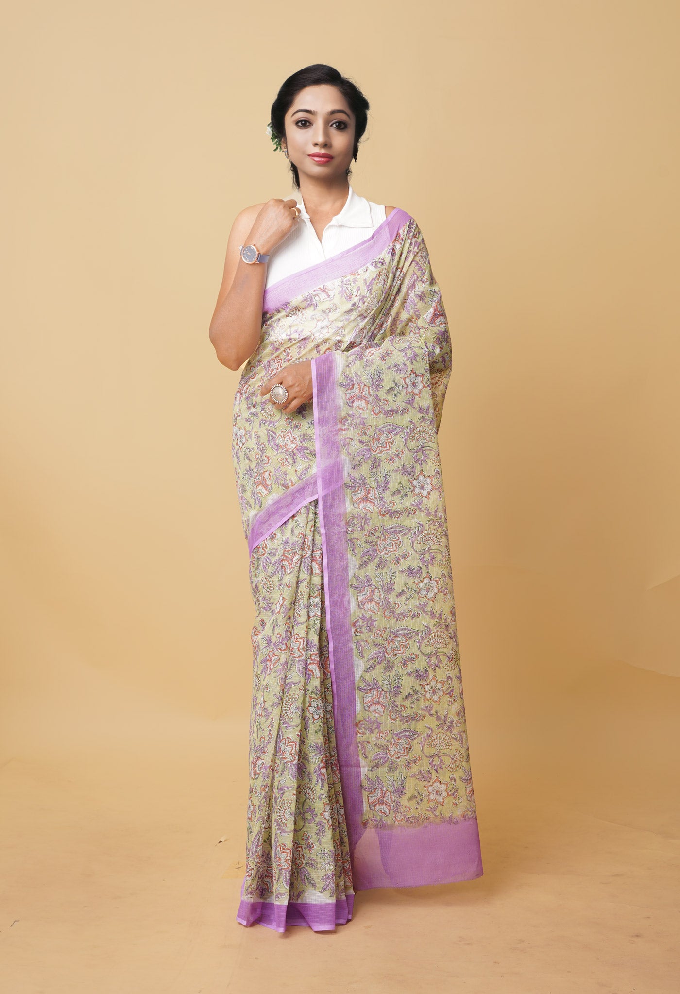 Green Pure Hand Block Printed Kota Saree