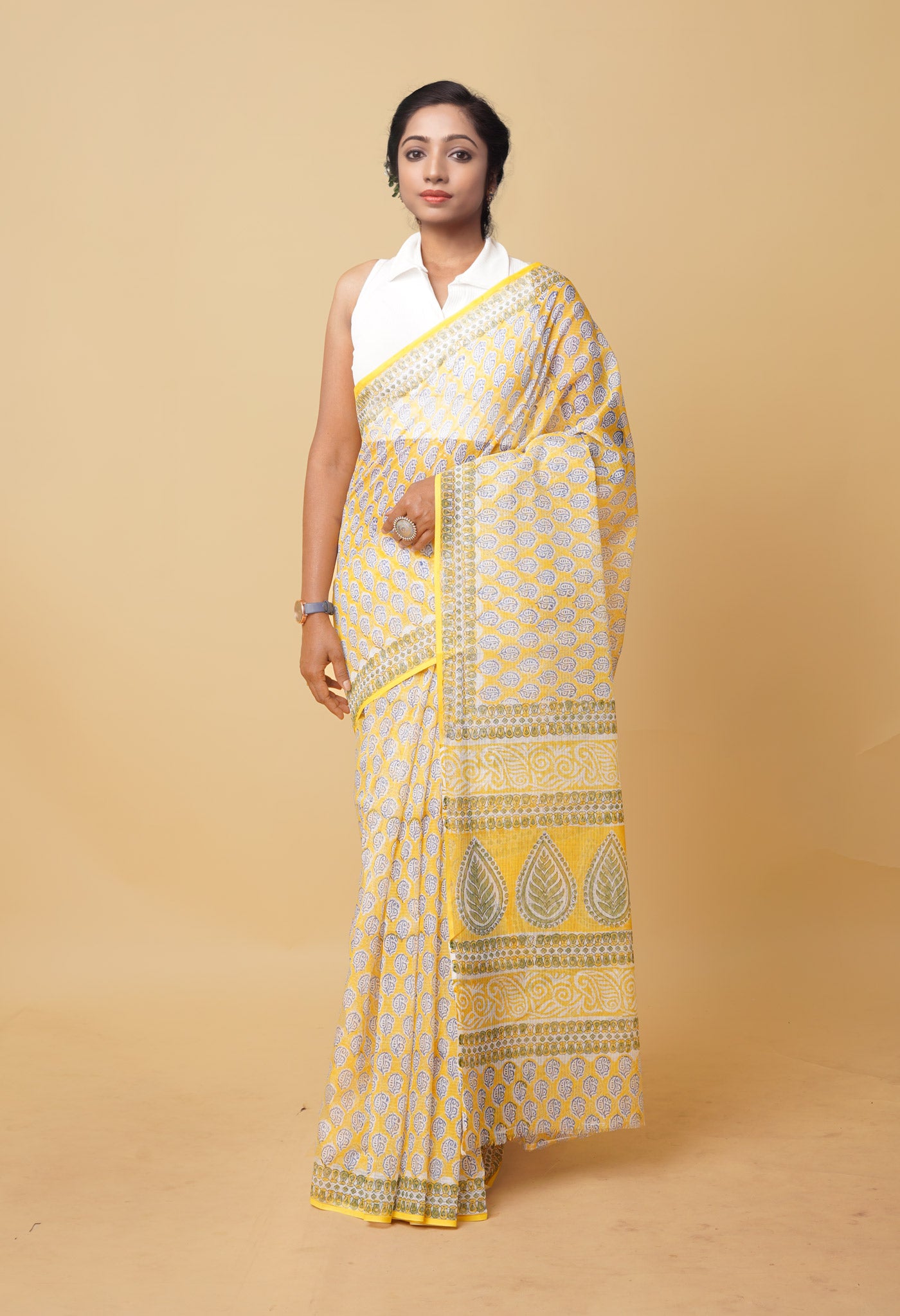 Yellow Pure Hand Block Printed Kota Saree