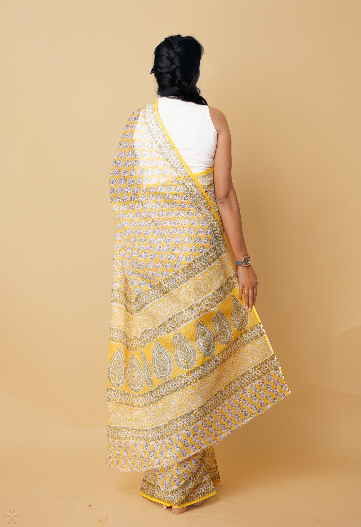 Yellow Pure Hand Block Printed Kota Saree