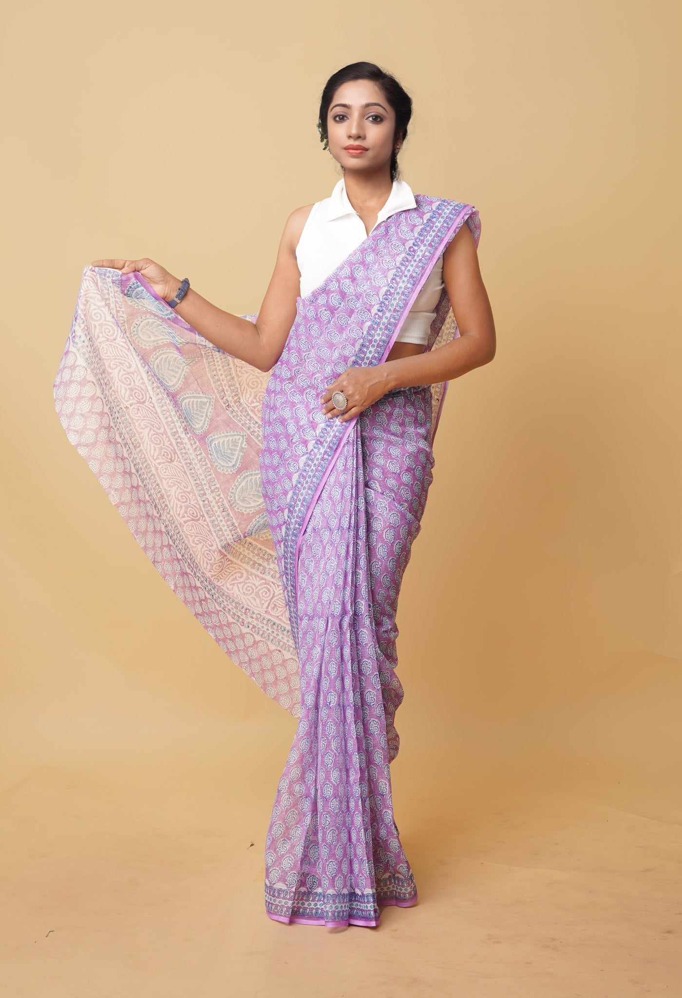 Purple Pure Hand Block Printed Kota Saree
