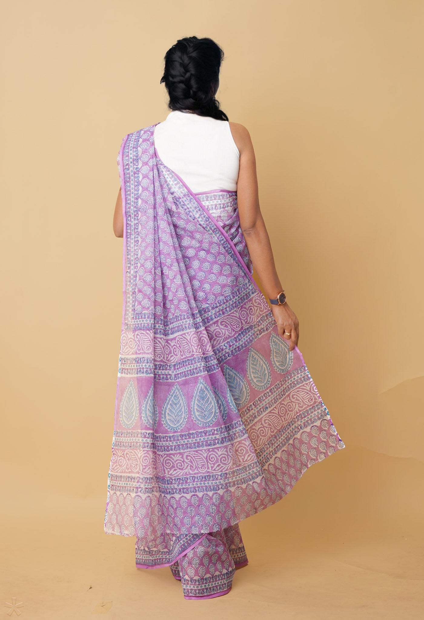 Purple Pure Hand Block Printed Kota Saree