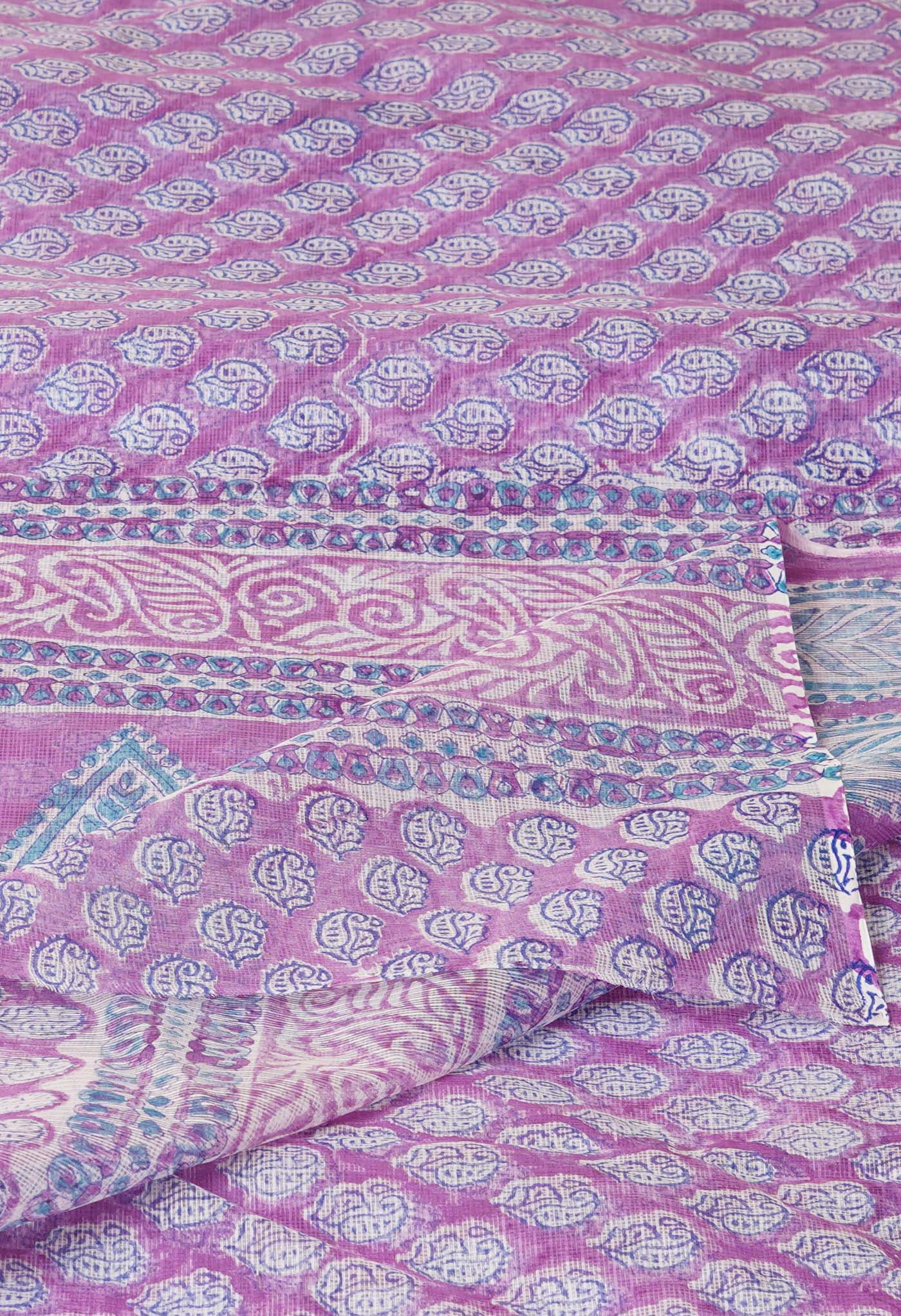 Purple Pure Hand Block Printed Kota Saree