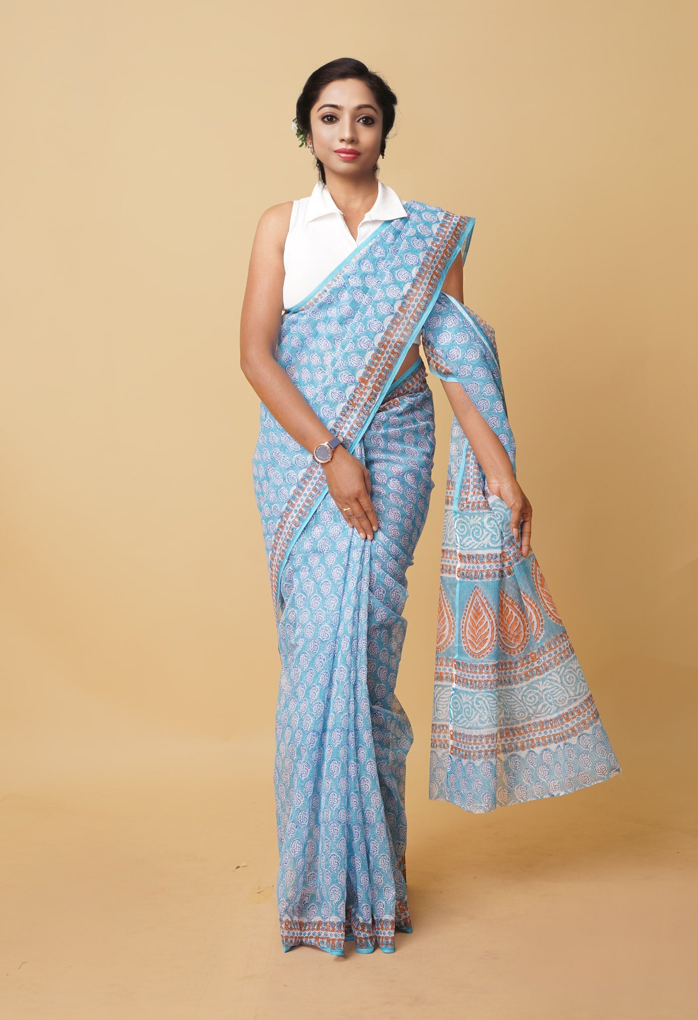 Blue Pure Hand Block Printed Kota Saree