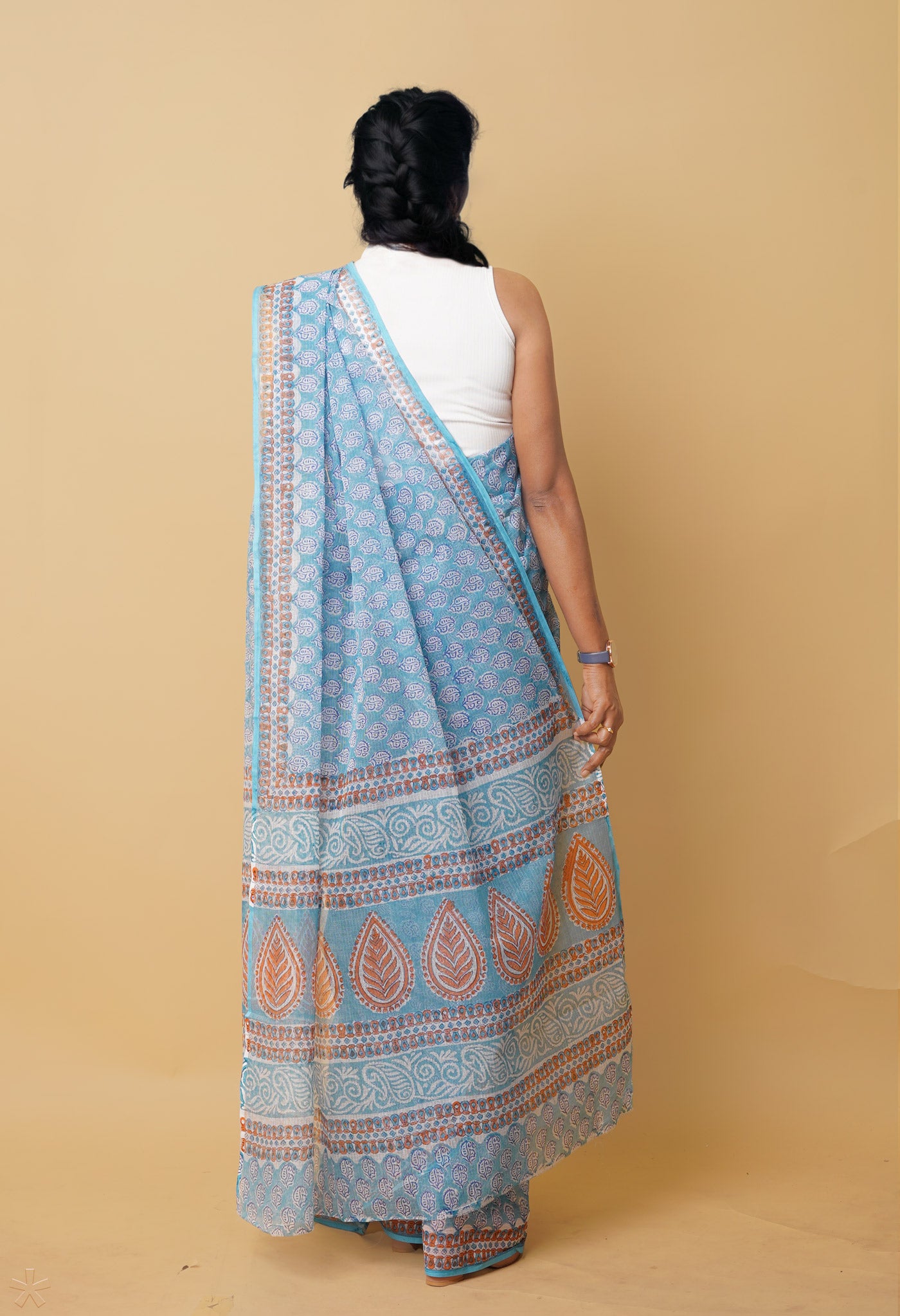 Blue Pure Hand Block Printed Kota Saree