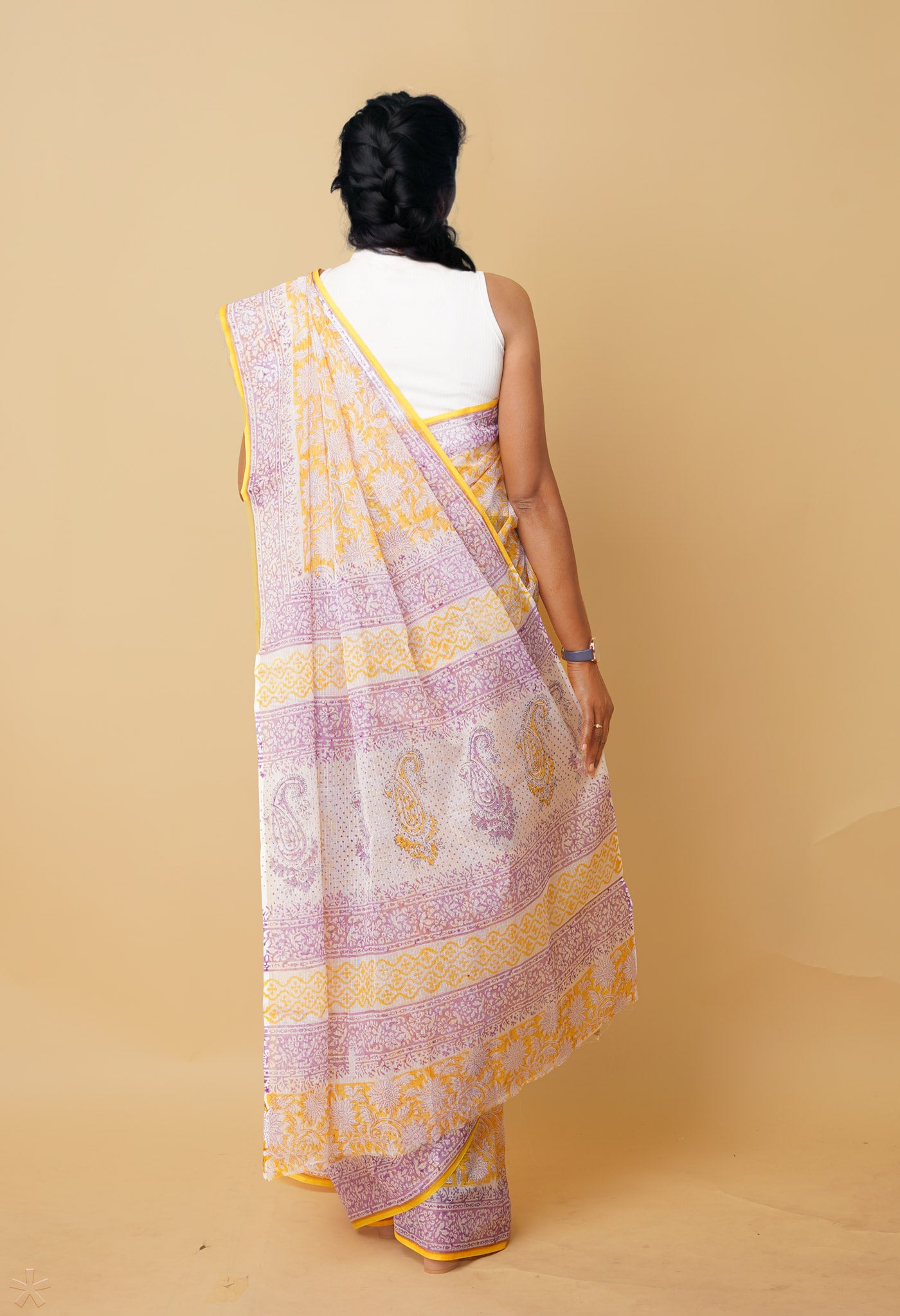 Yellow Pure Hand Block Printed Kota Saree