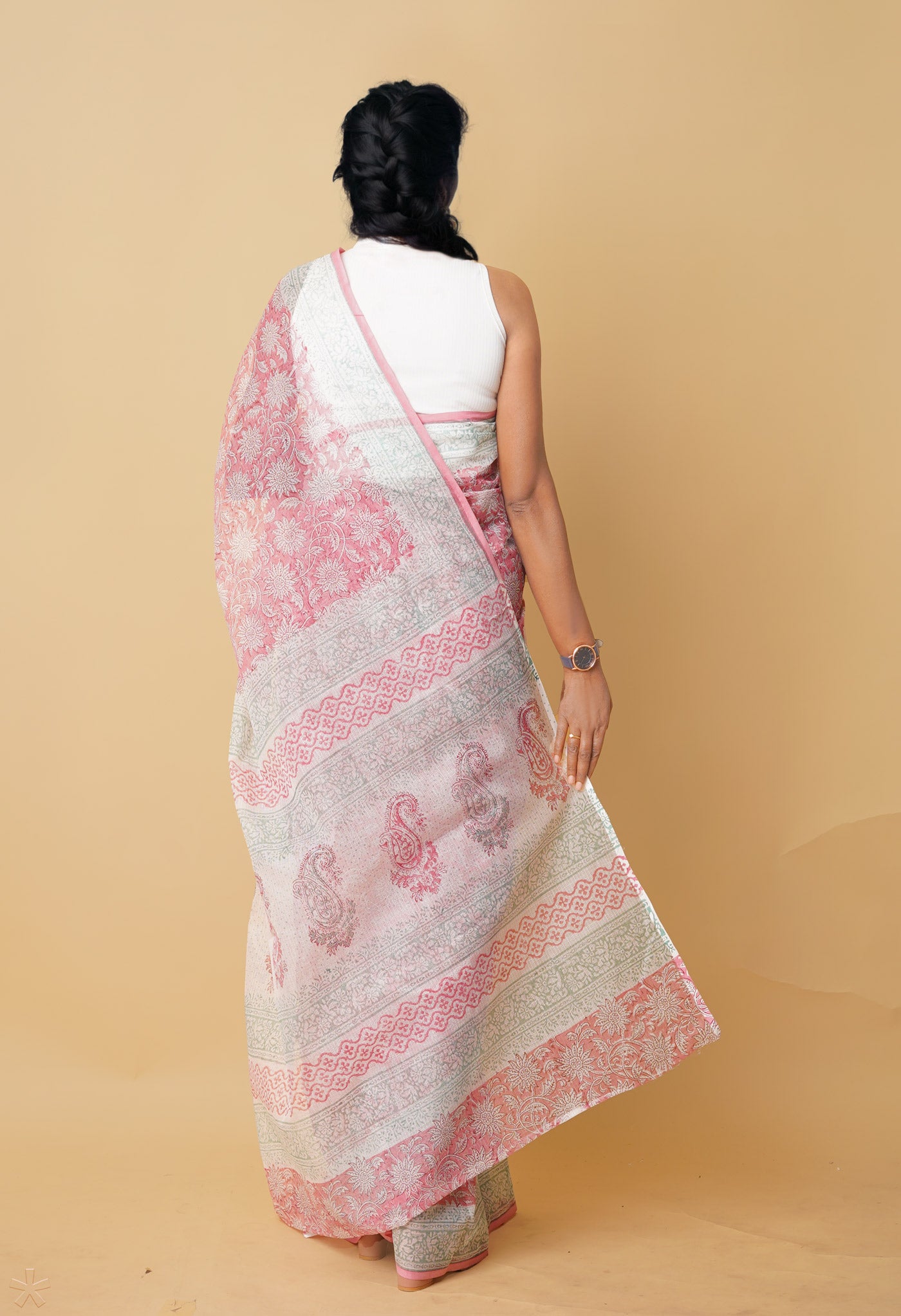 Pink Pure Hand Block Printed Kota Saree