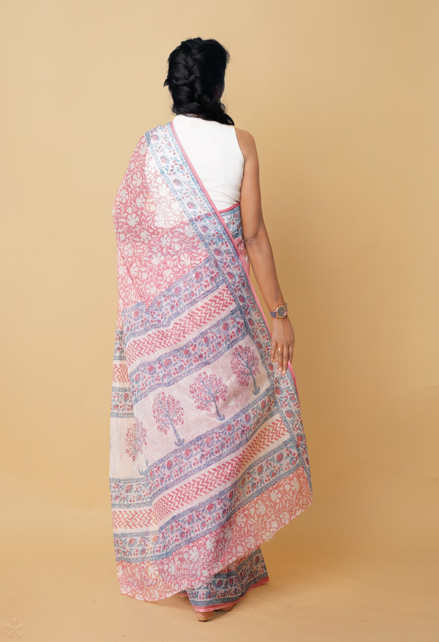 Pink Pure Hand Block Printed Kota Saree