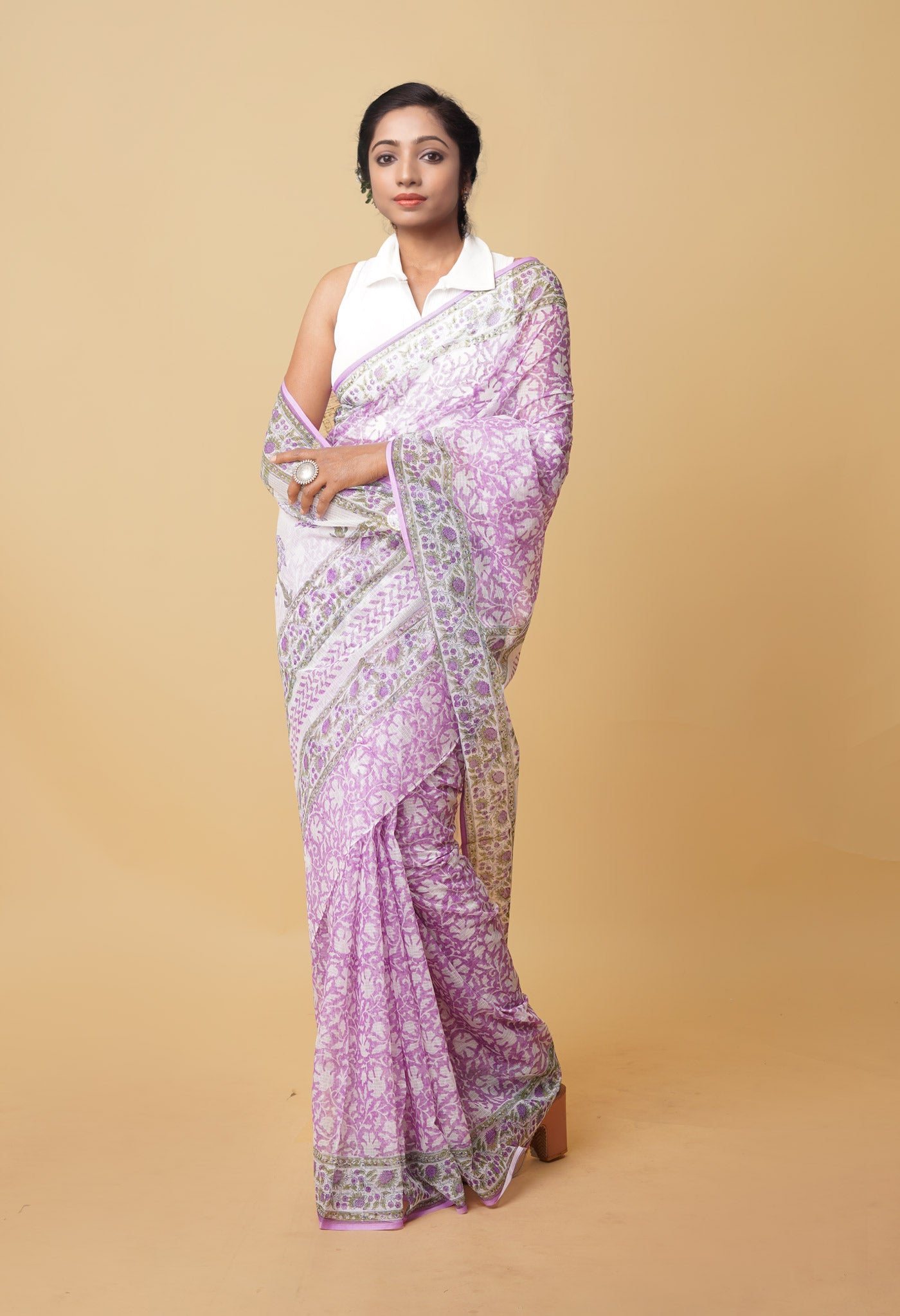 Purple Pure Hand Block Printed Kota Saree