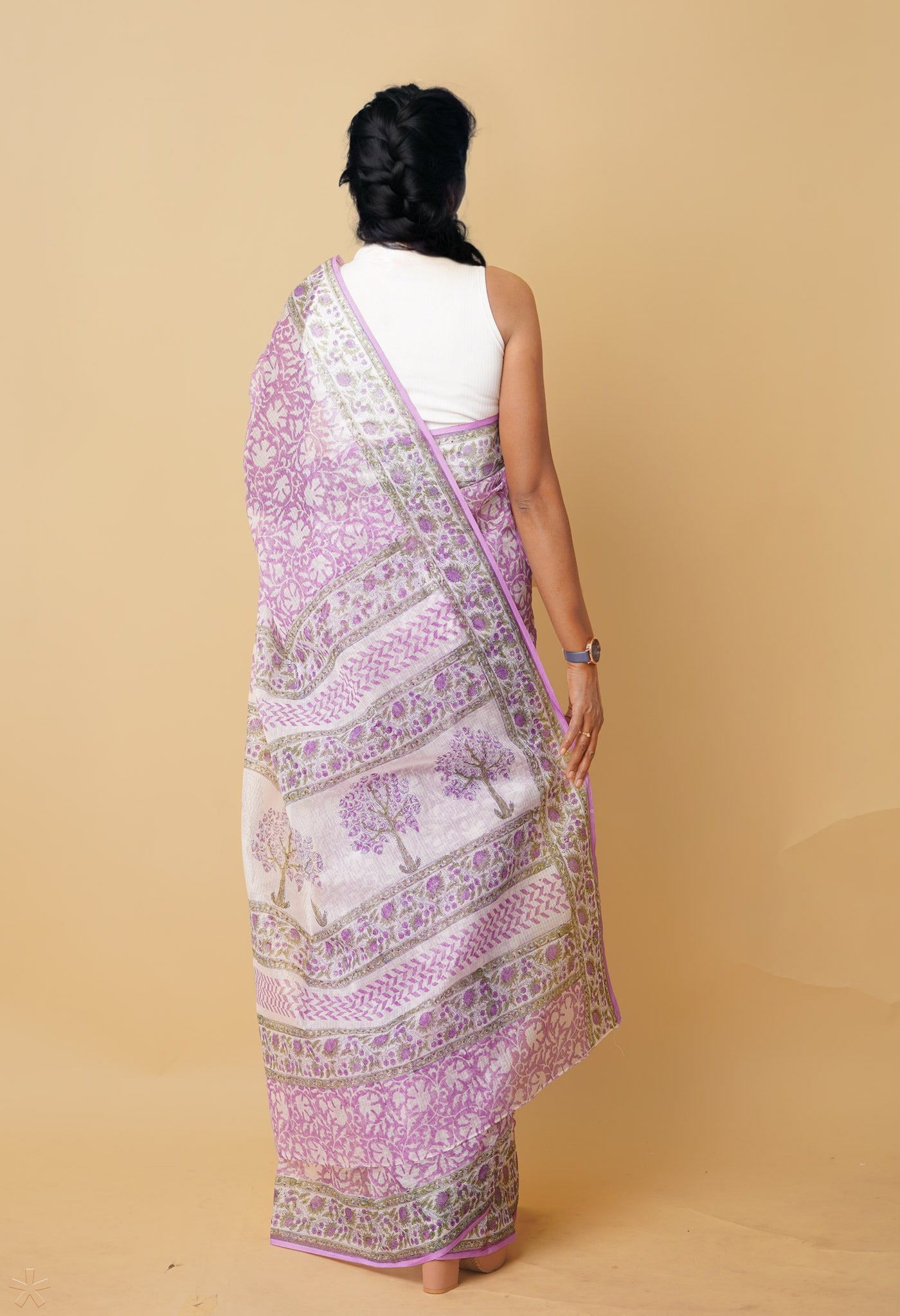 Purple Pure Hand Block Printed Kota Saree