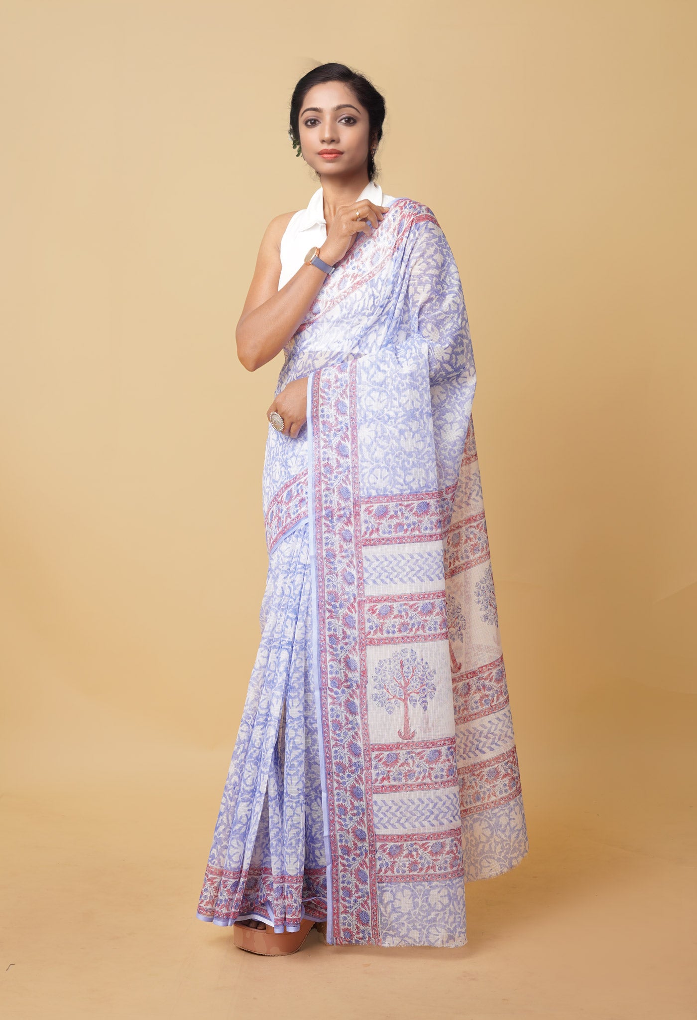 Blue Pure Hand Block Printed Kota Saree