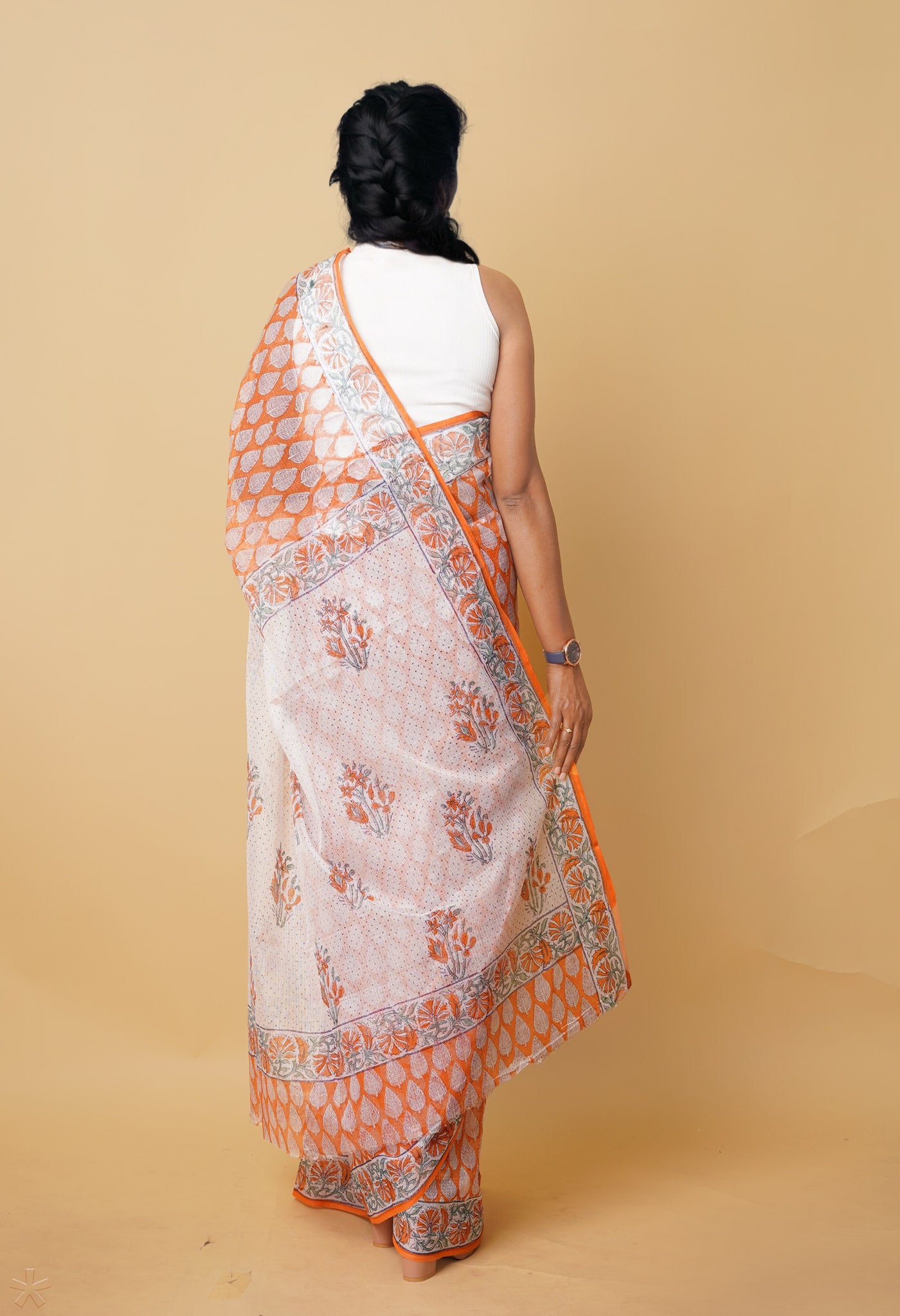 Orange Pure Hand Block Printed Kota Saree