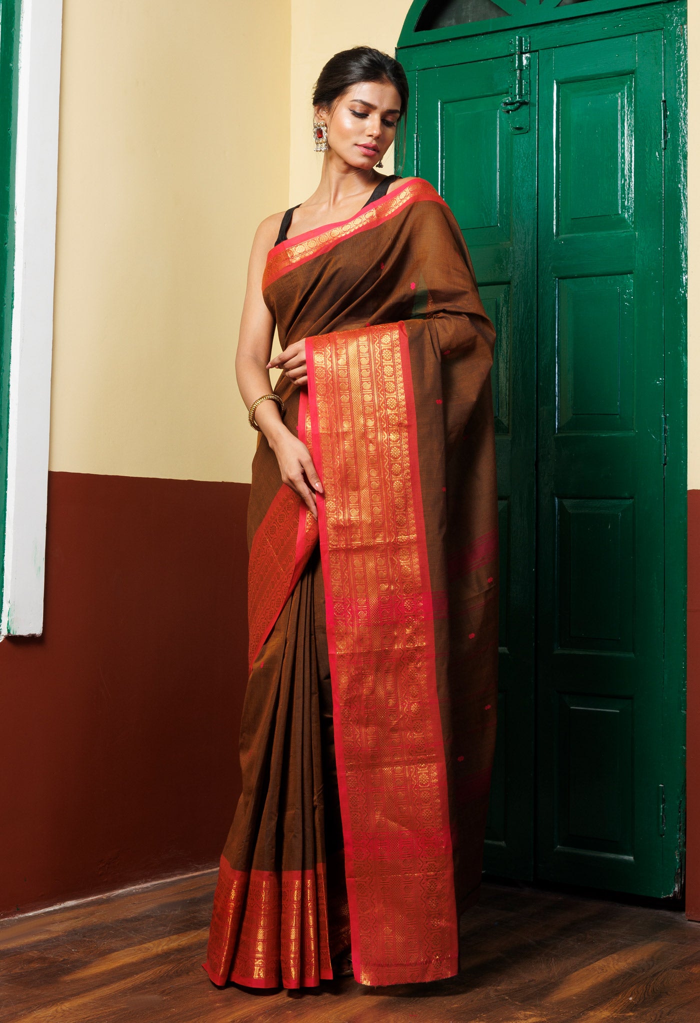 Brown Pure Pavani Handcrafted Kanchi Cotton Saree-UNM76825