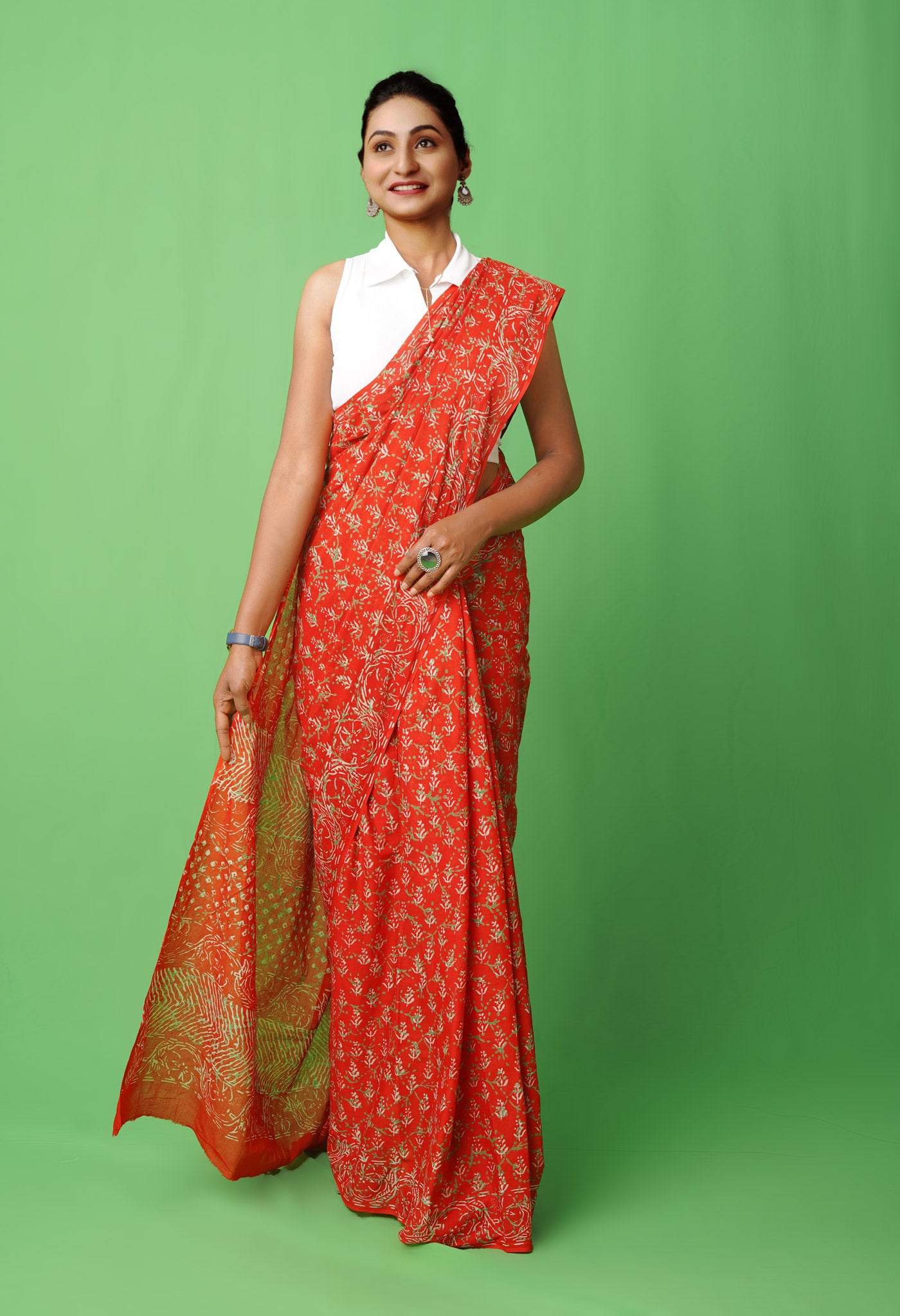 Red Pure Napthol Hand Block Pinted Superfine Mulmul Cotton Saree
