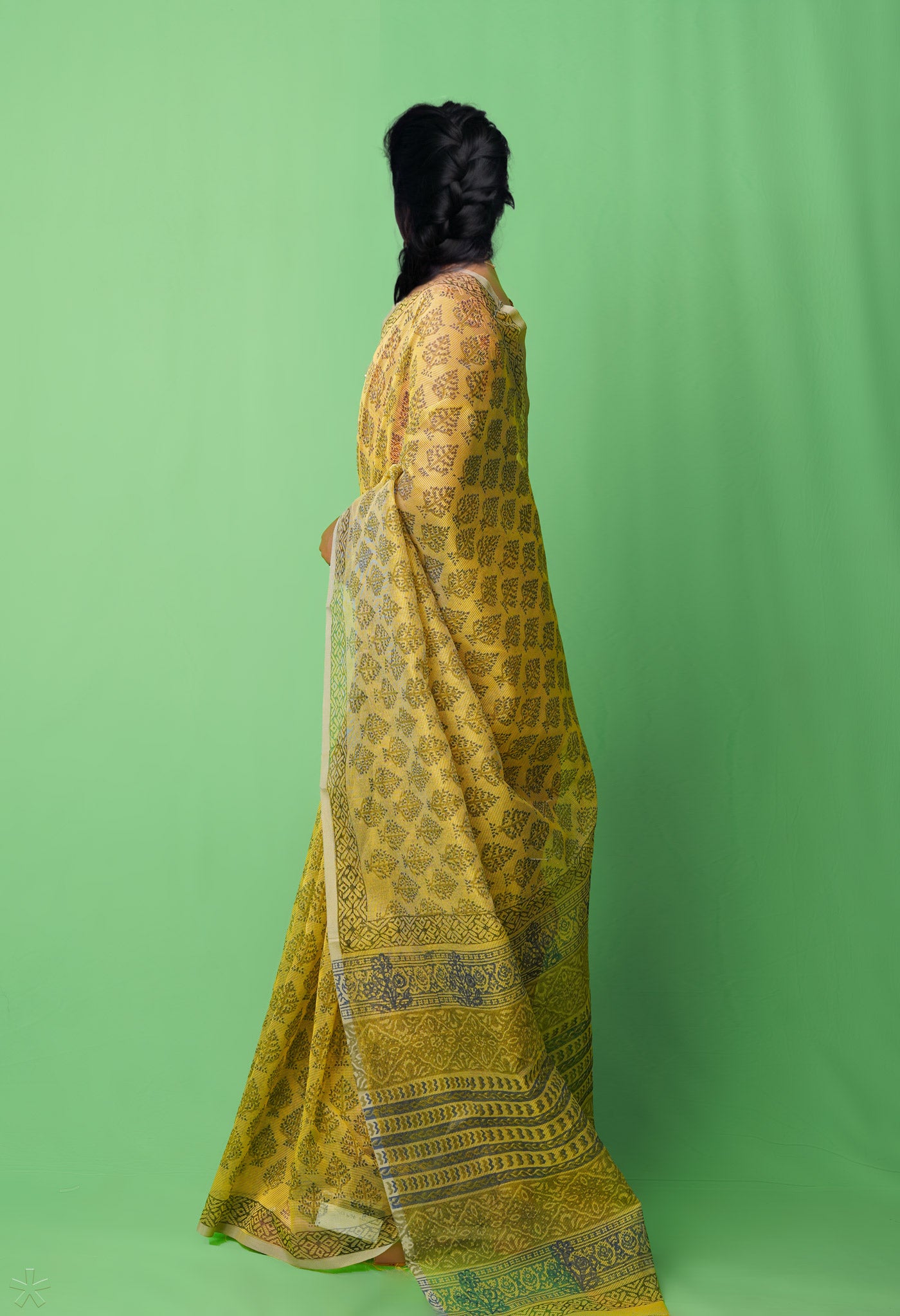 Yellow Block Printed Supernet Saree