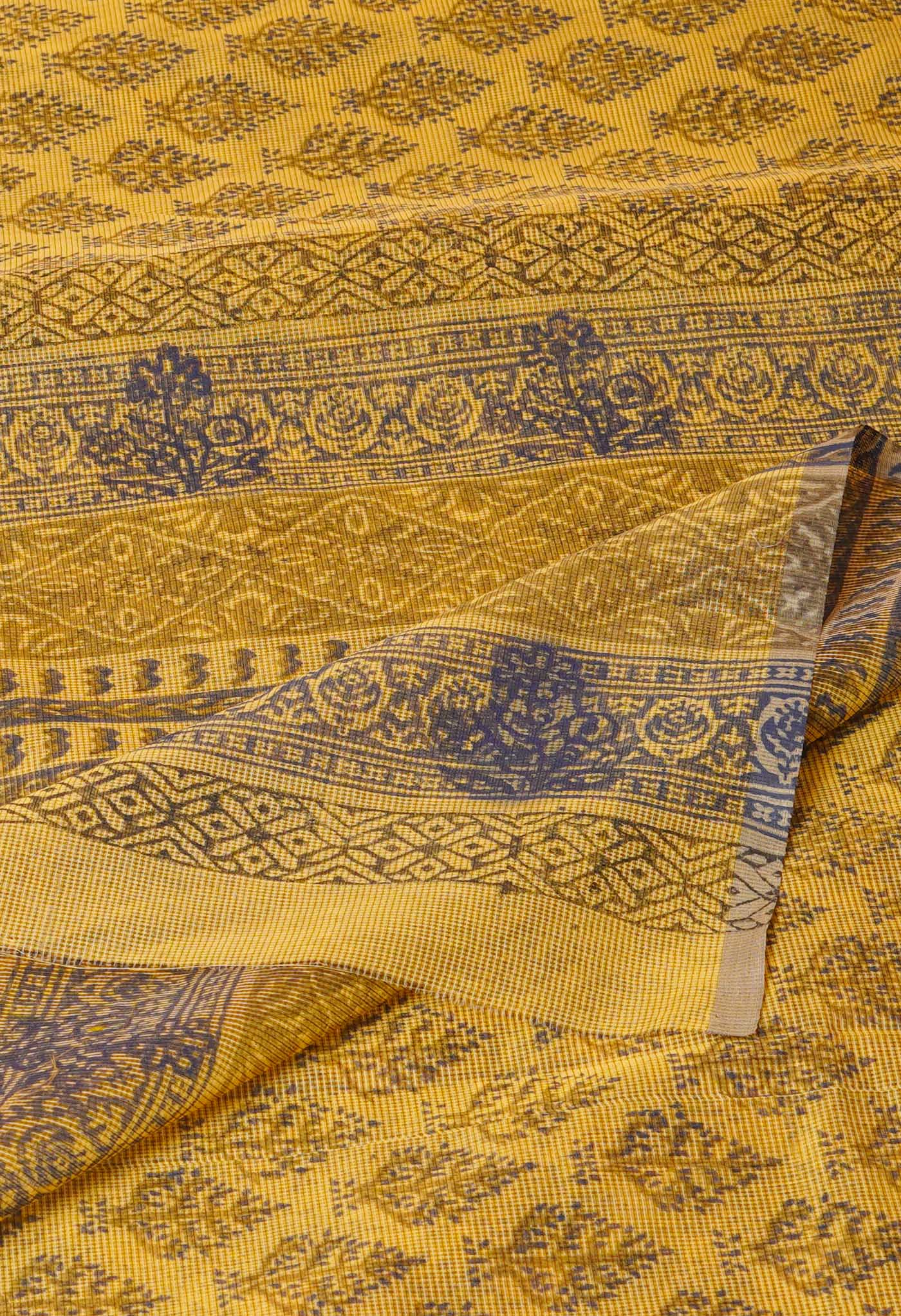 Yellow Block Printed Supernet Saree