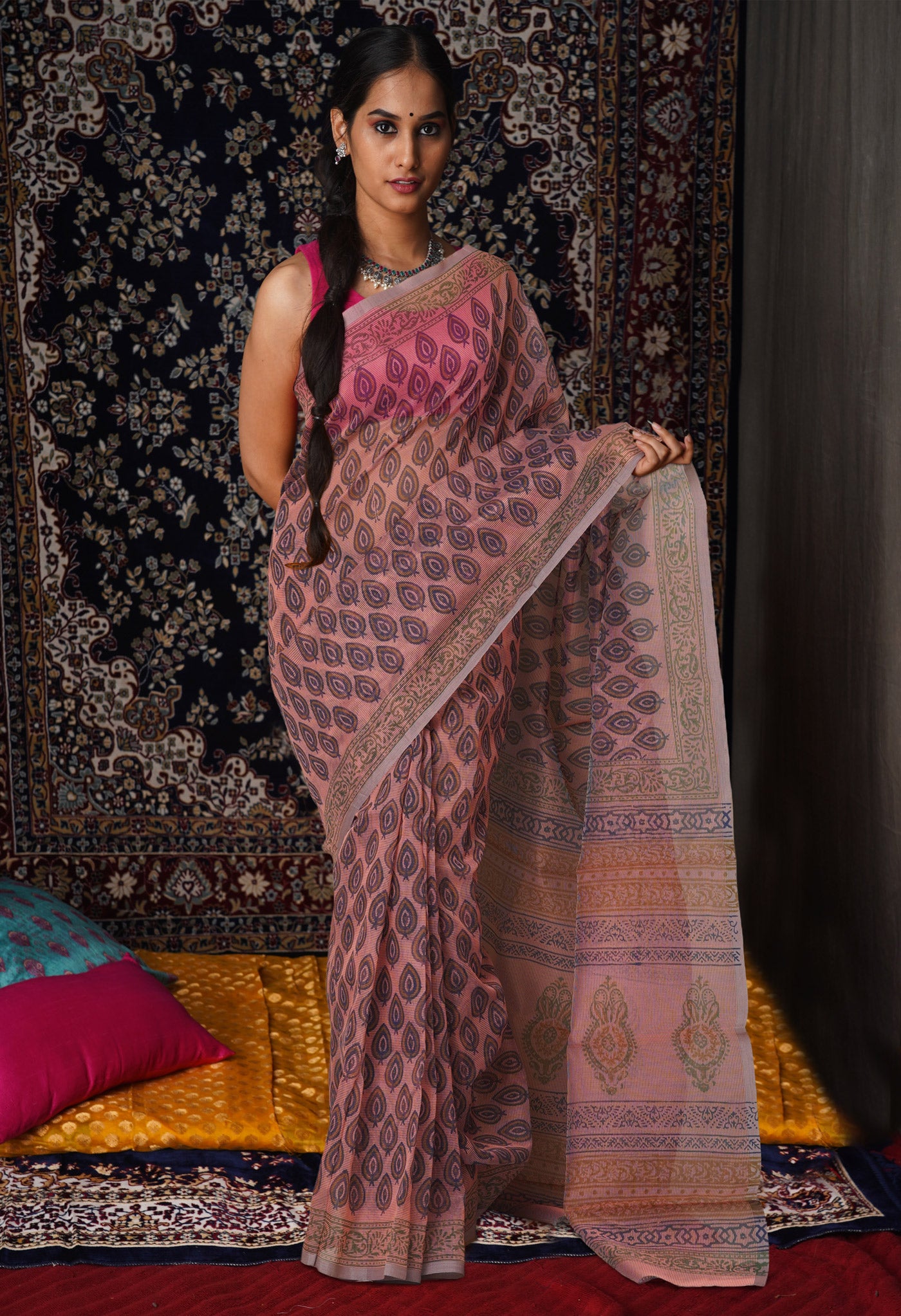 Peach Pink Block Printed Supernet Saree-UNM76905