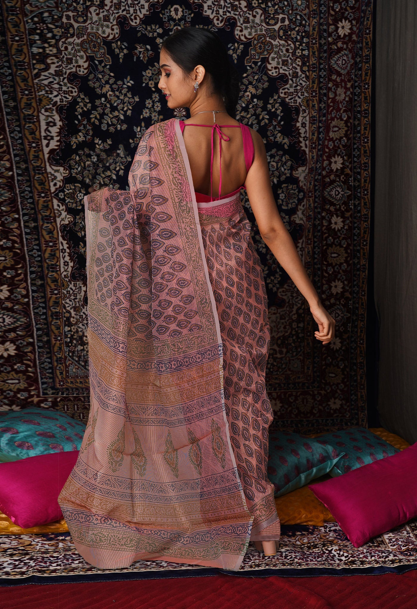Peach Pink Block Printed Supernet Saree-UNM76905