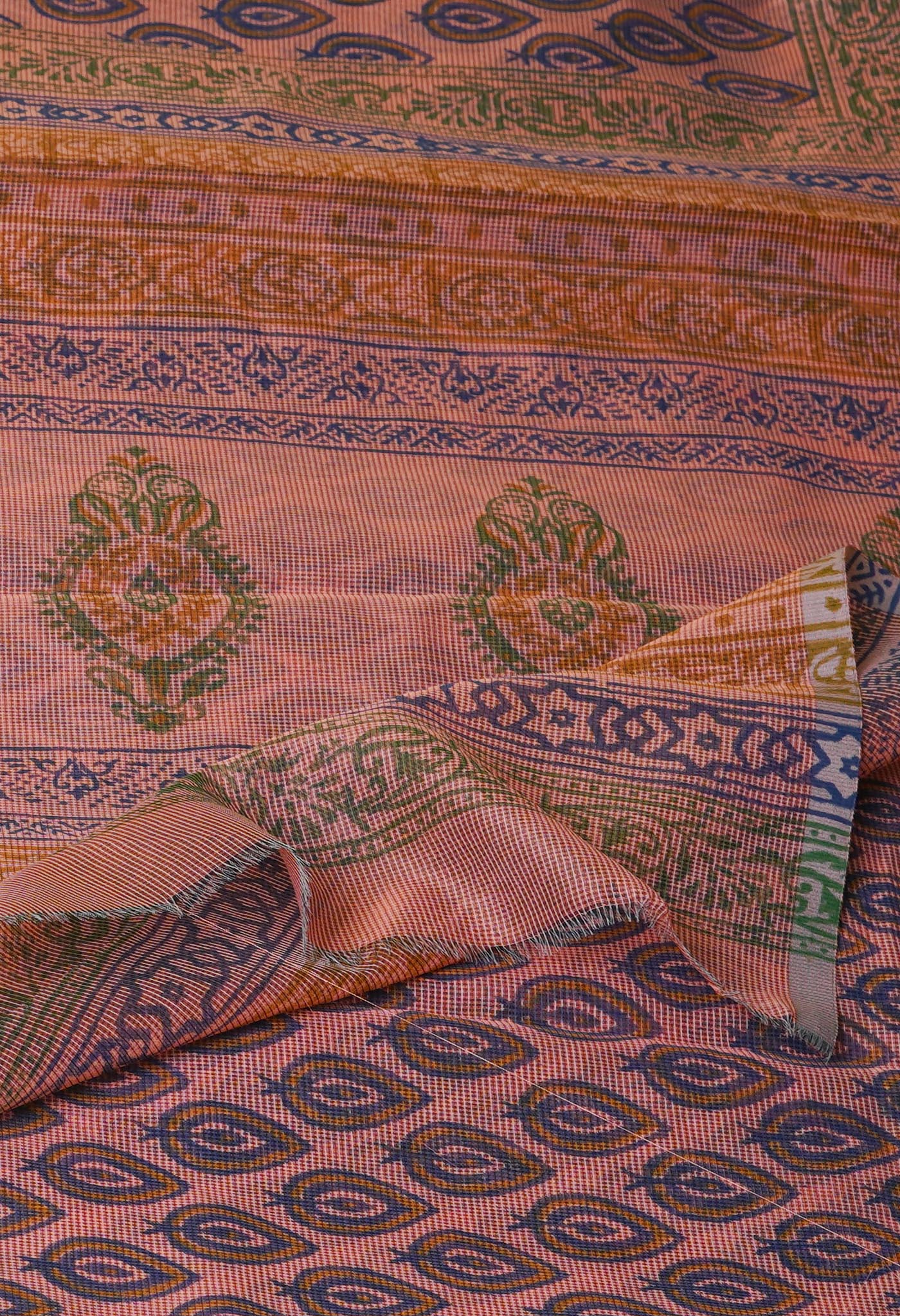 Peach Pink Block Printed Supernet Saree-UNM76905