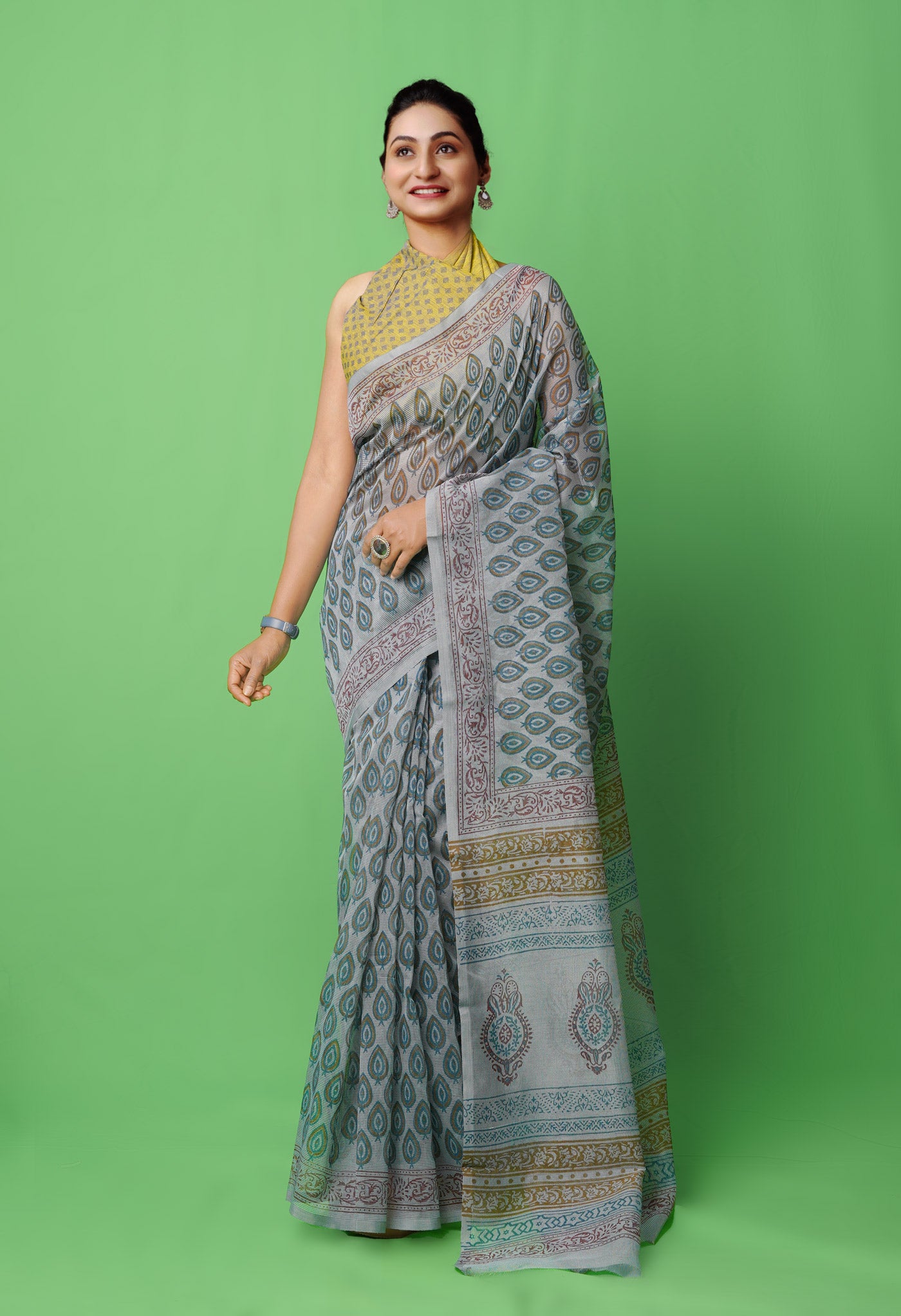 Grey Block Printed Supernet Saree