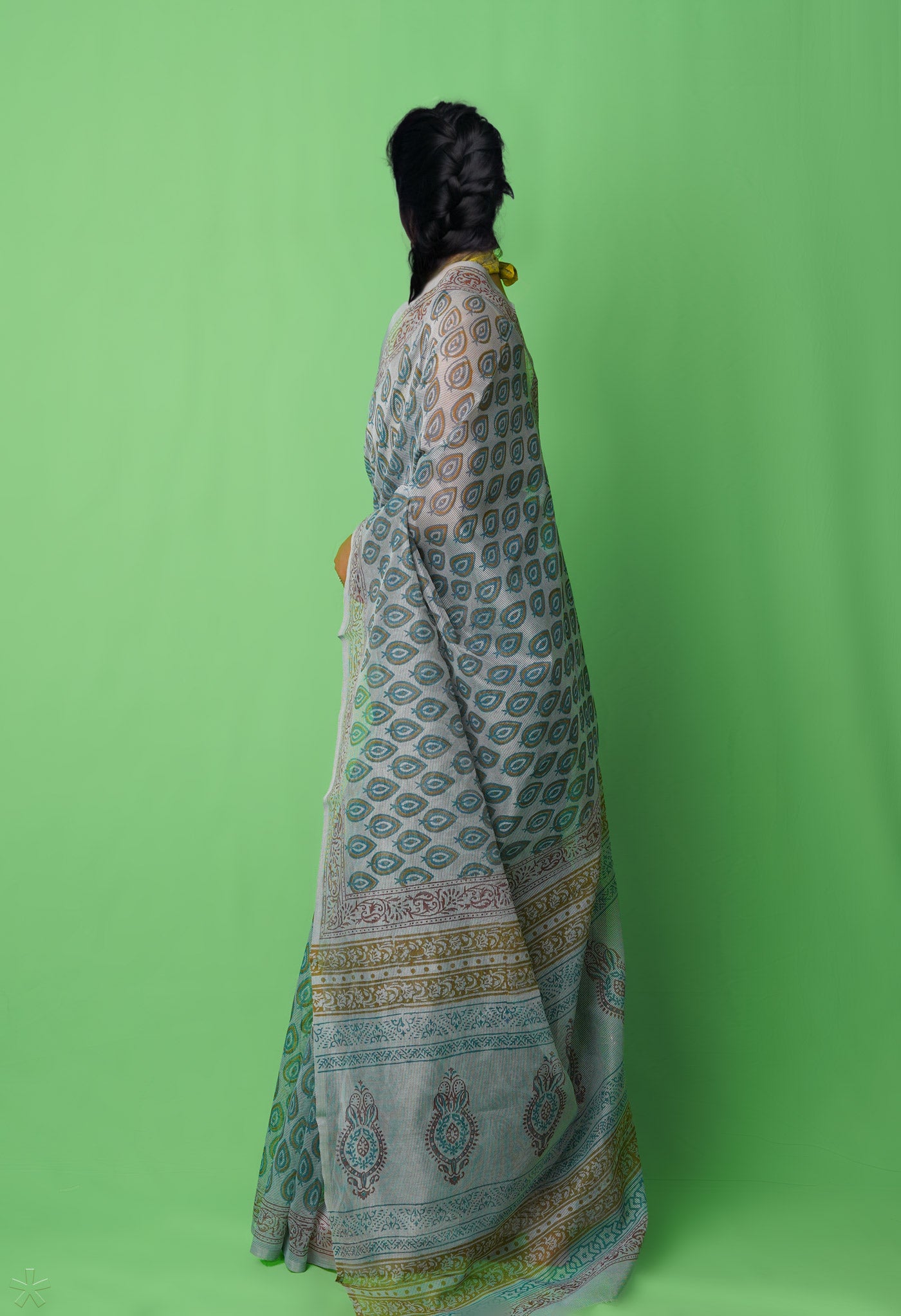Grey Block Printed Supernet Saree