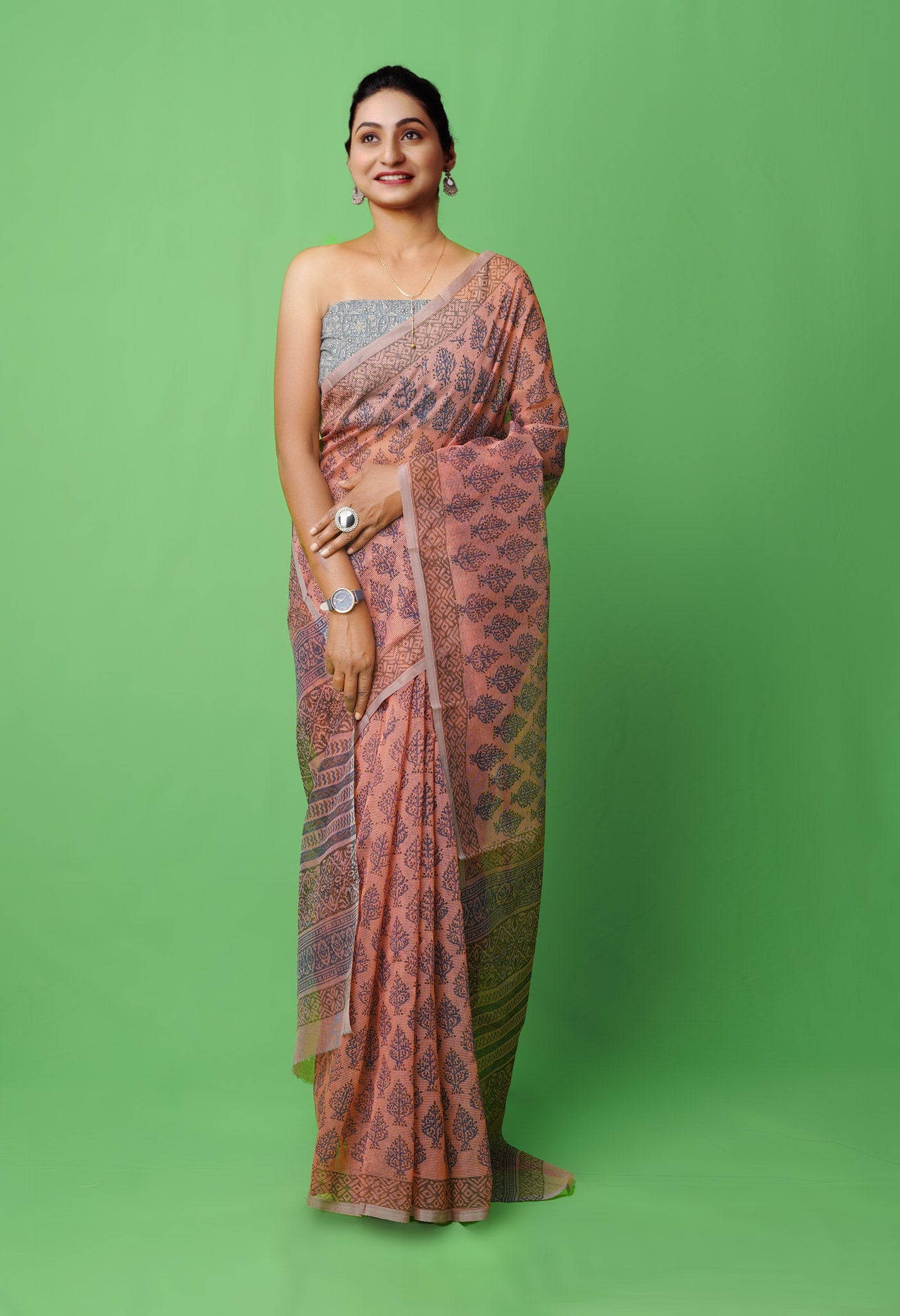 Peach Pink Block Printed Supernet Saree