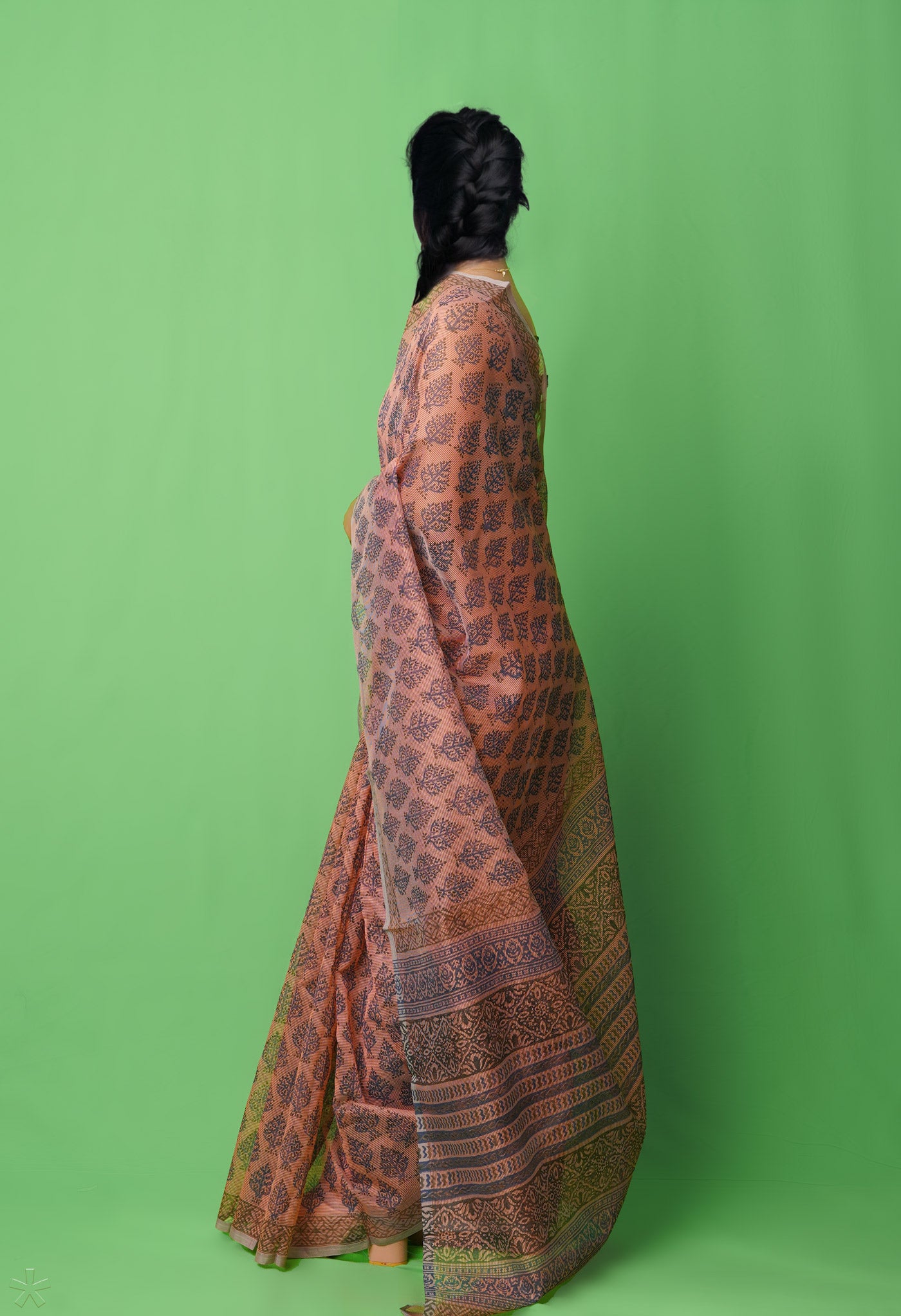 Peach Pink Block Printed Supernet Saree