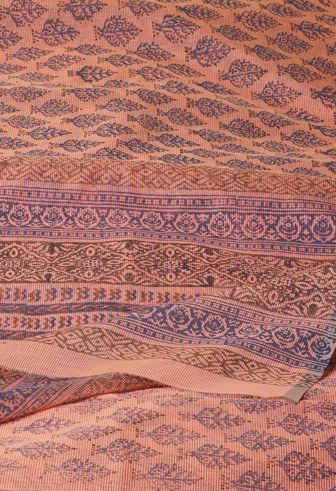 Peach Pink Block Printed Supernet Saree