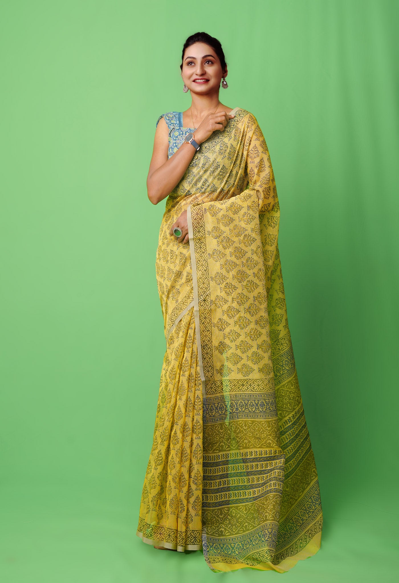 Yellow Block Printed Supernet Saree