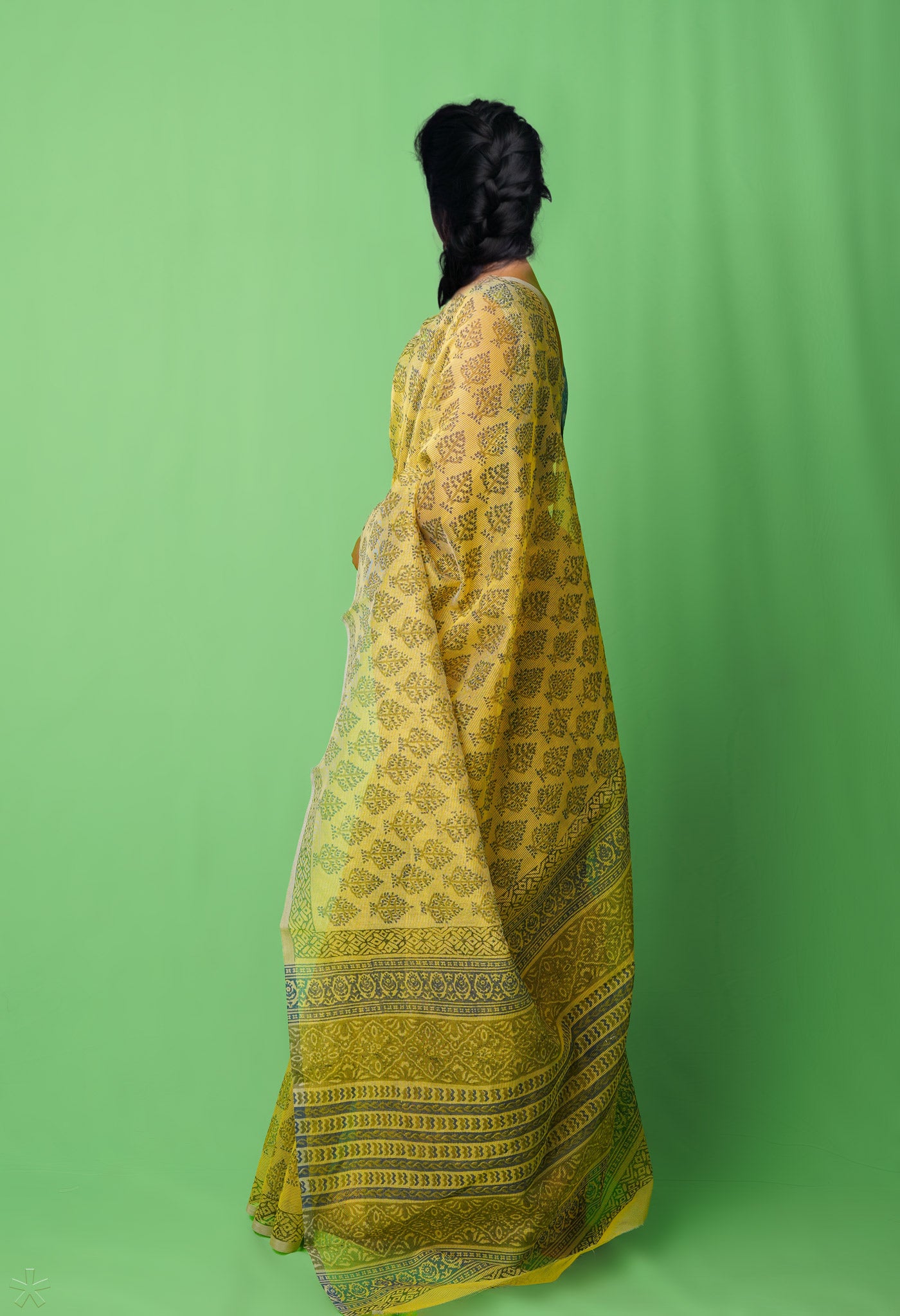 Yellow Block Printed Supernet Saree