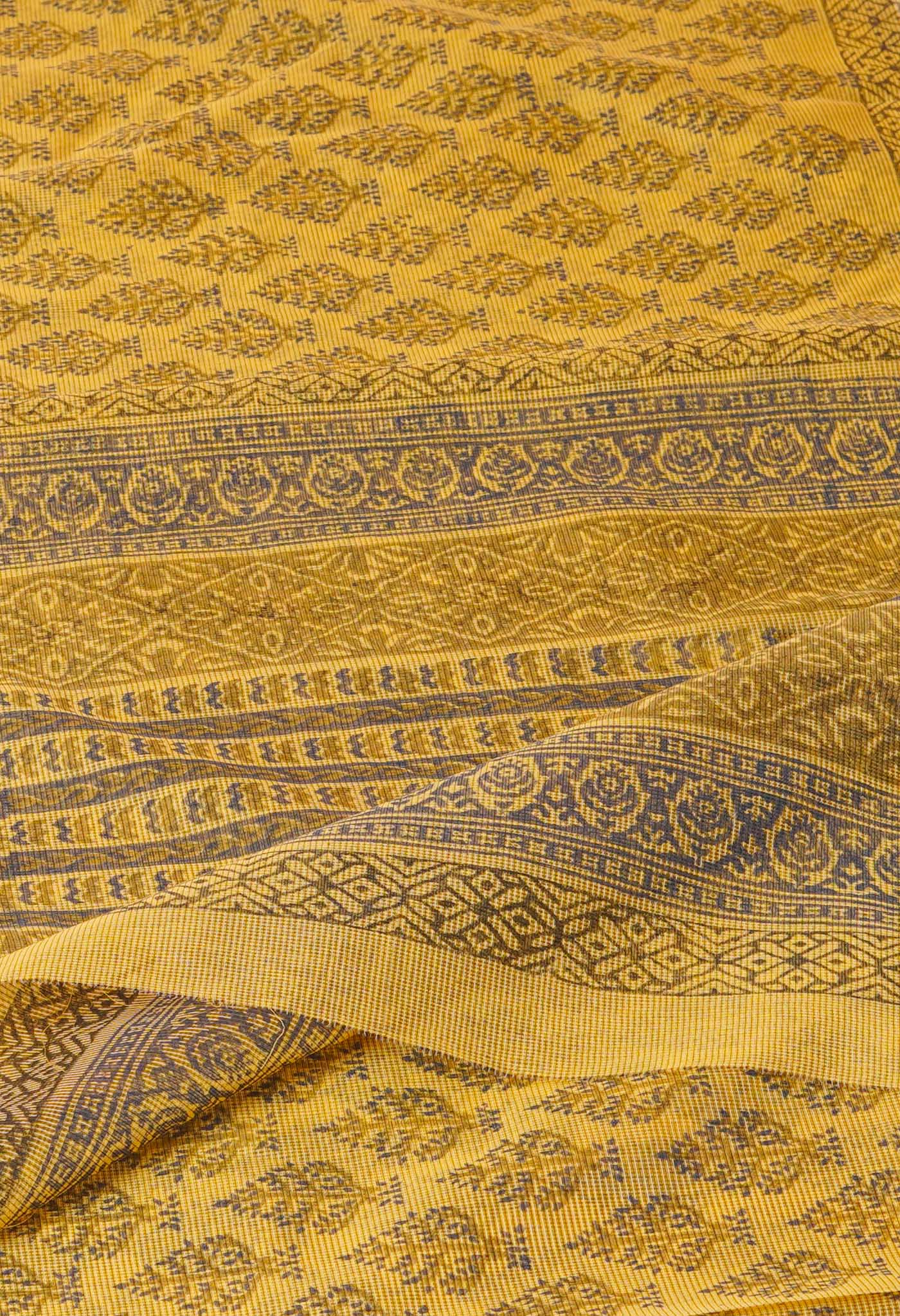 Yellow Block Printed Supernet Saree