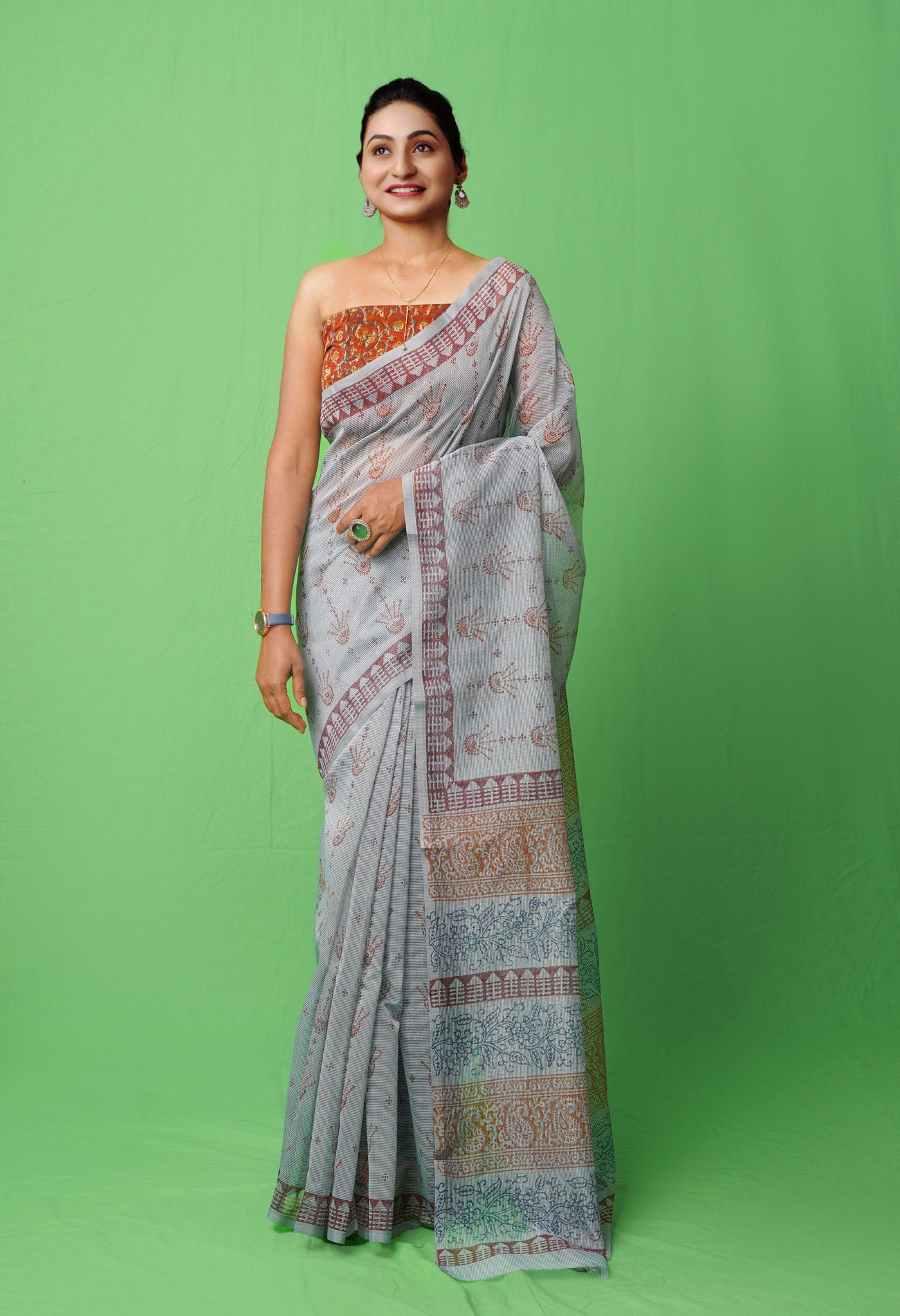 Grey Block Printed Supernet Saree