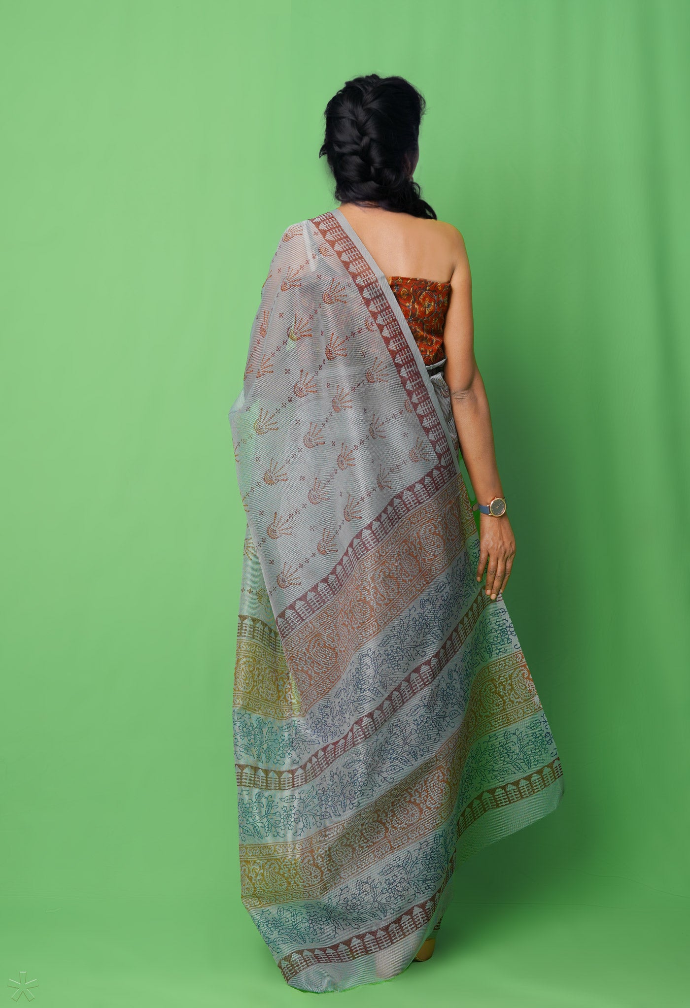 Grey Block Printed Supernet Saree