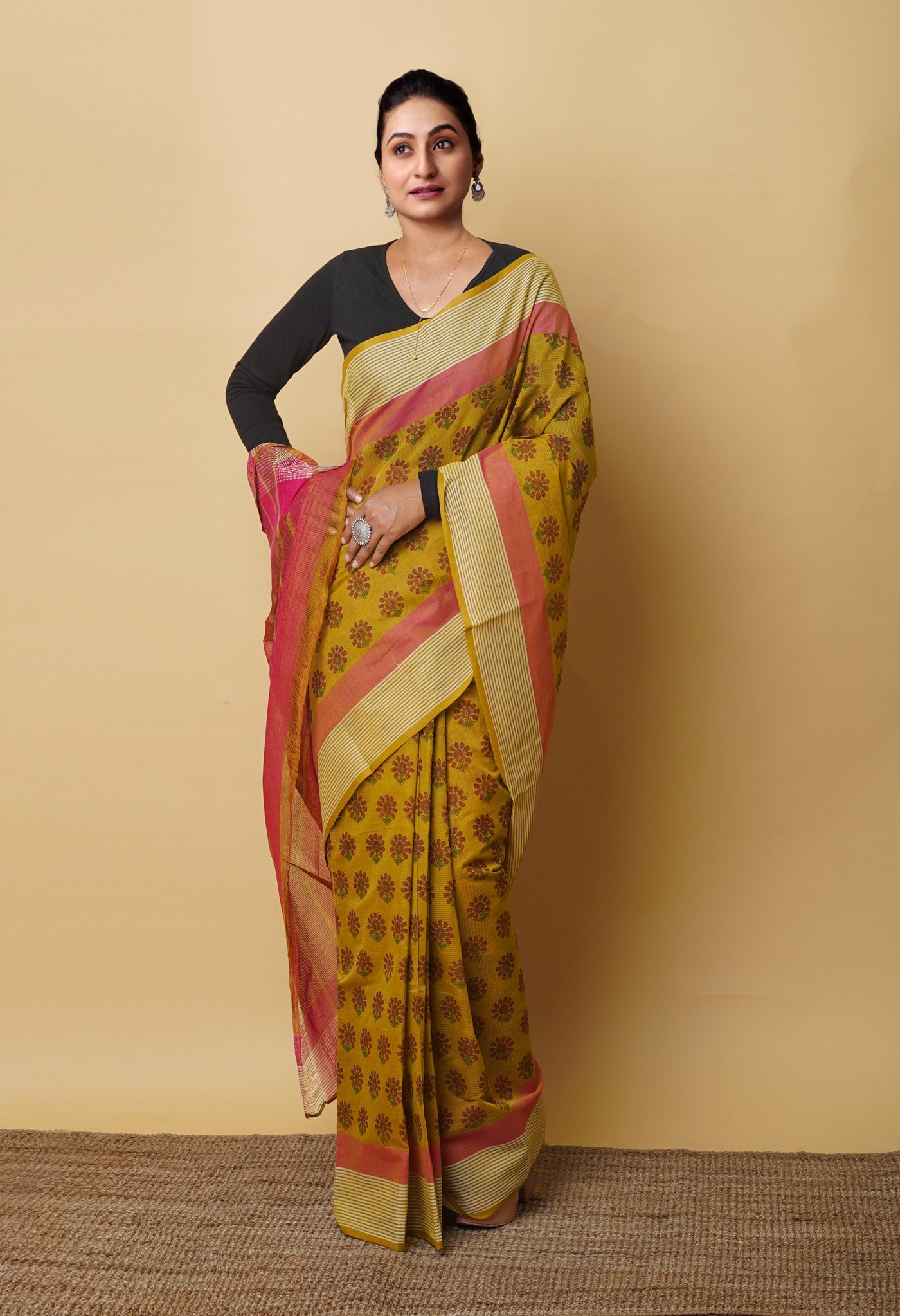 Mehind Green Pure Block Printed Mangalgiri Cotton Saree