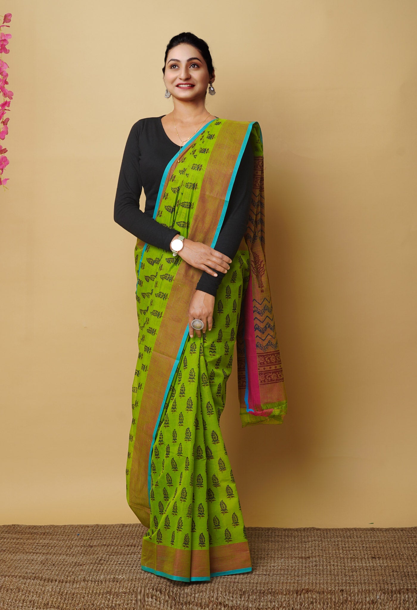 Green Pure Block Printed Mangalgiri Cotton Saree
