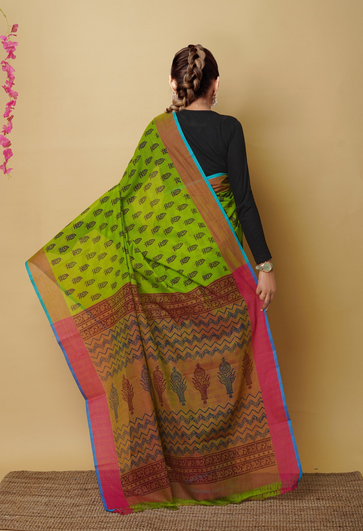 Green Pure Block Printed Mangalgiri Cotton Saree