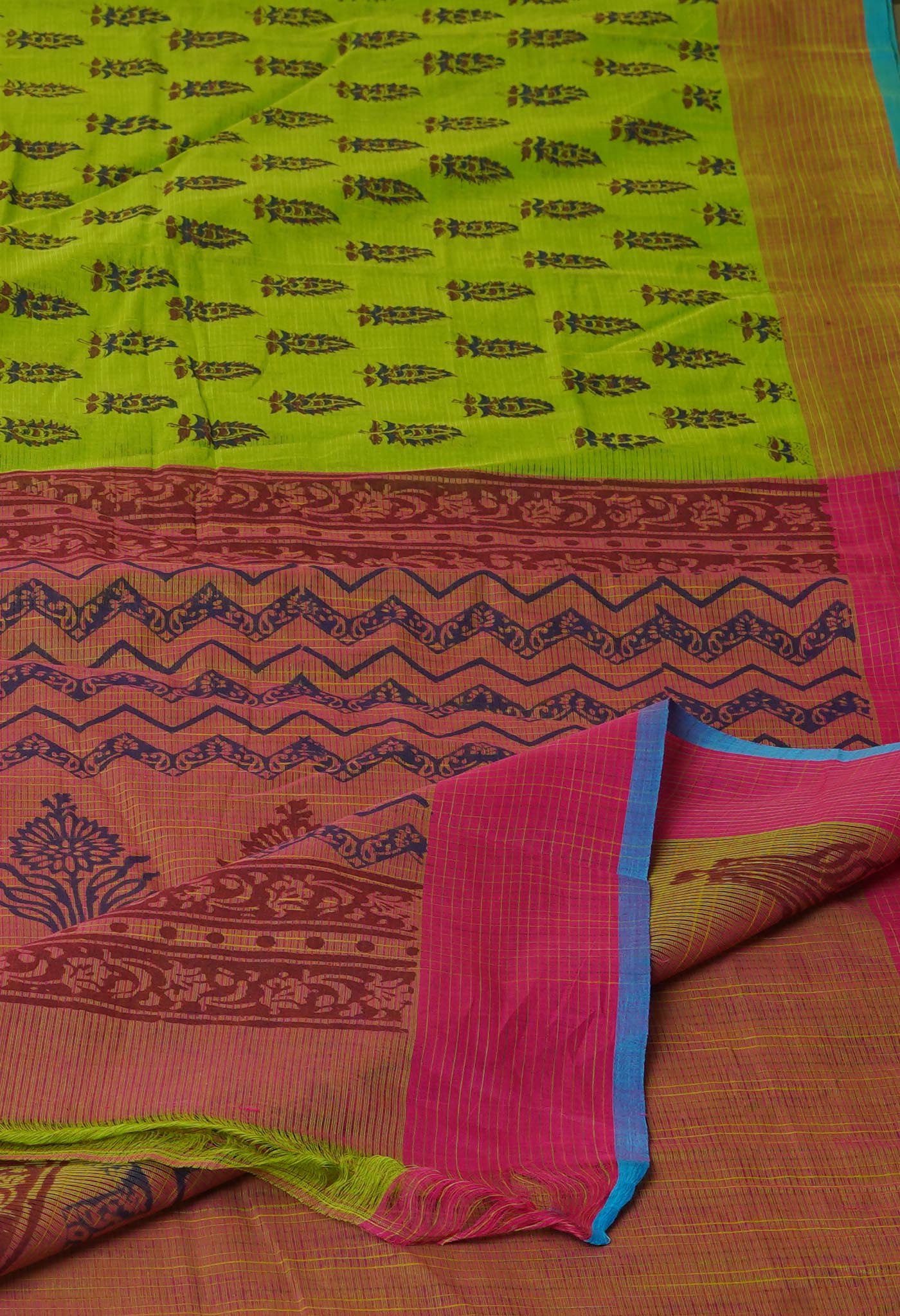 Green Pure Block Printed Mangalgiri Cotton Saree