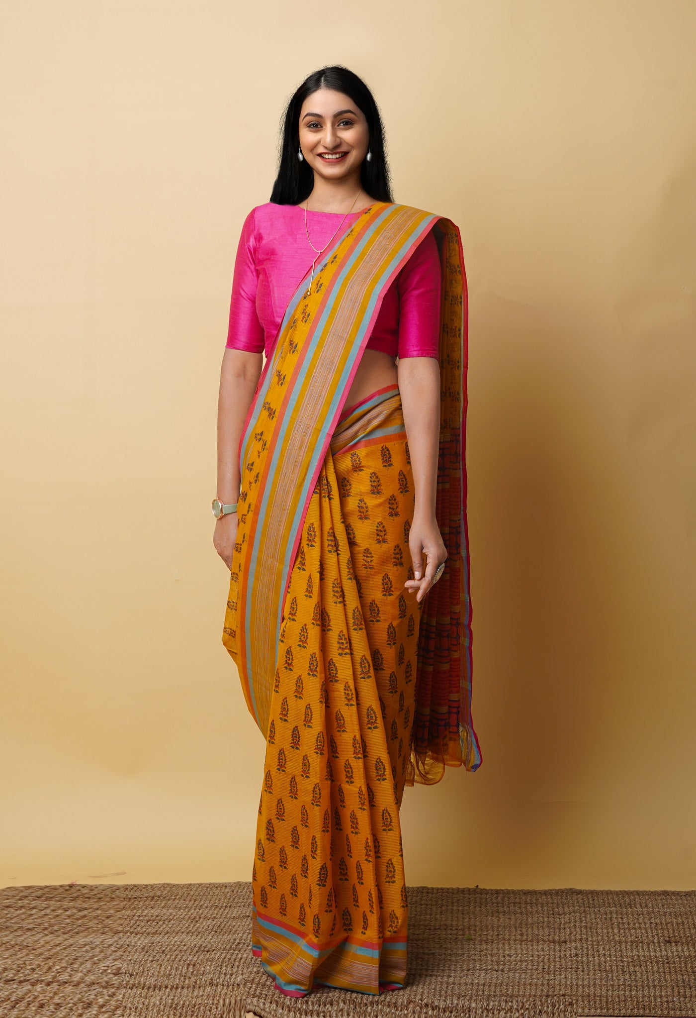 Yellow Pure Block Printed Mangalgiri Cotton Saree
