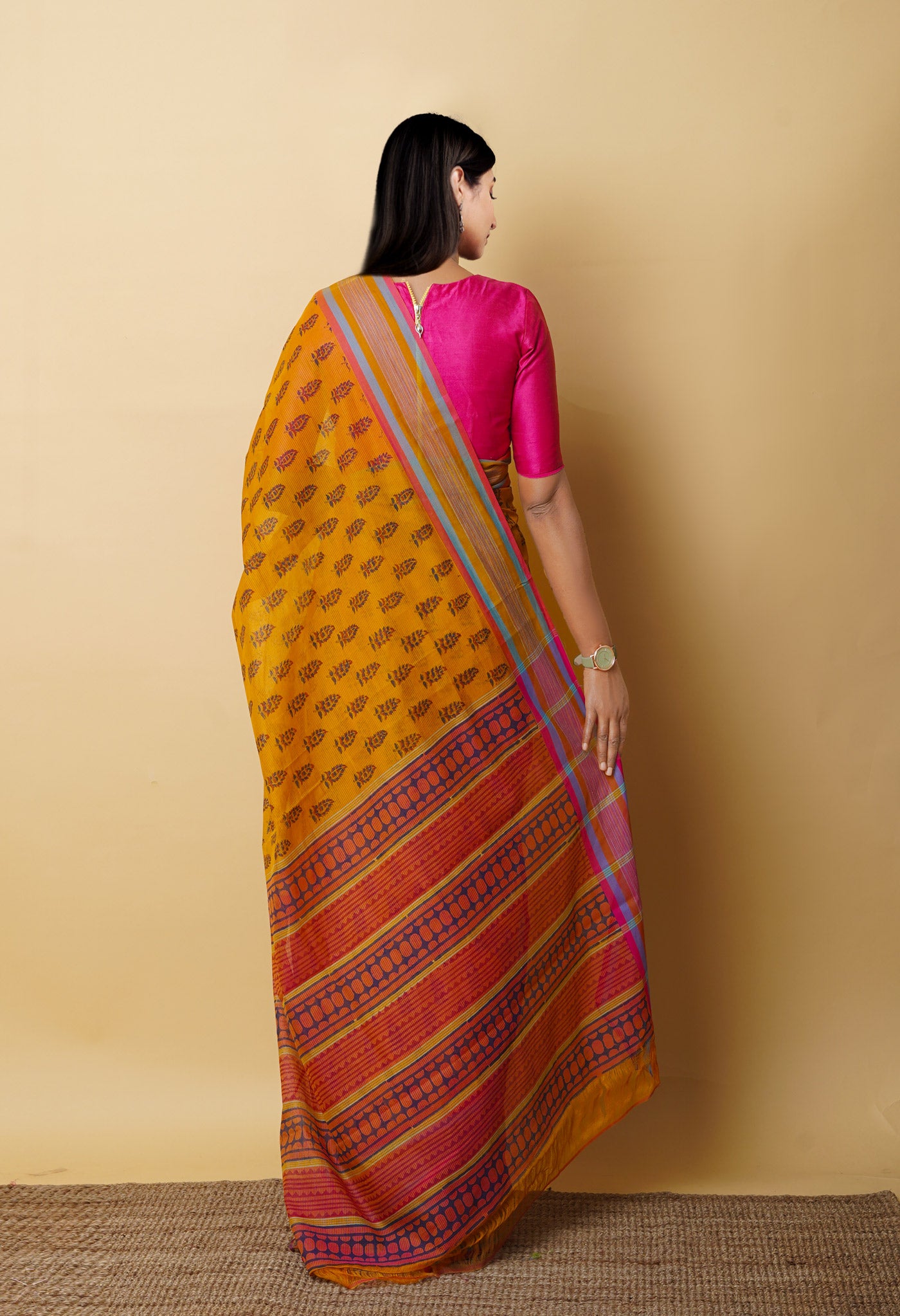 Yellow Pure Block Printed Mangalgiri Cotton Saree