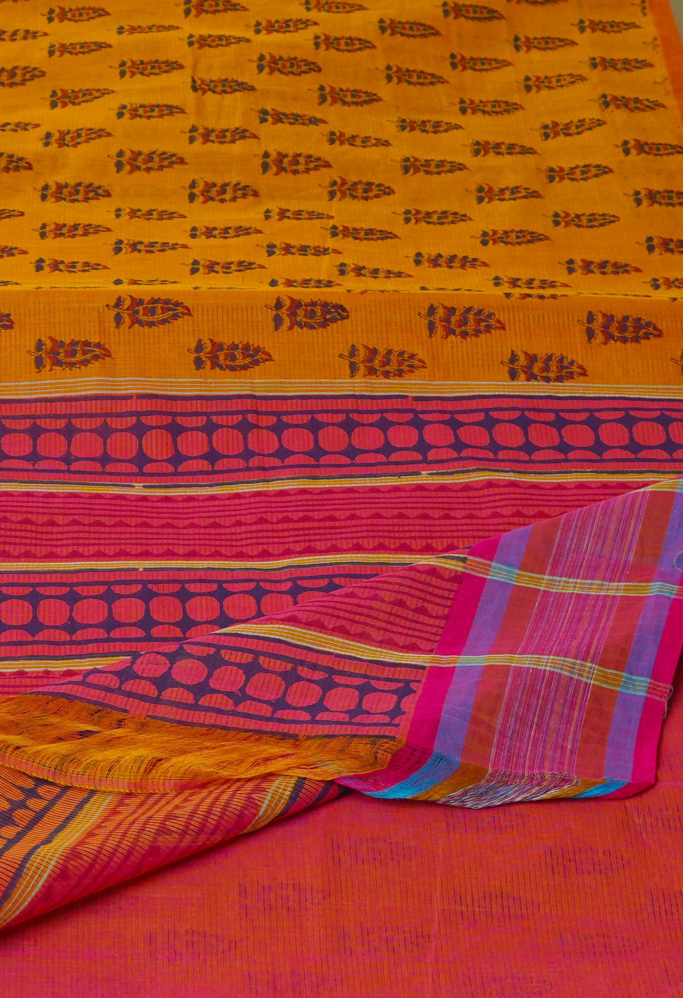 Yellow Pure Block Printed Mangalgiri Cotton Saree