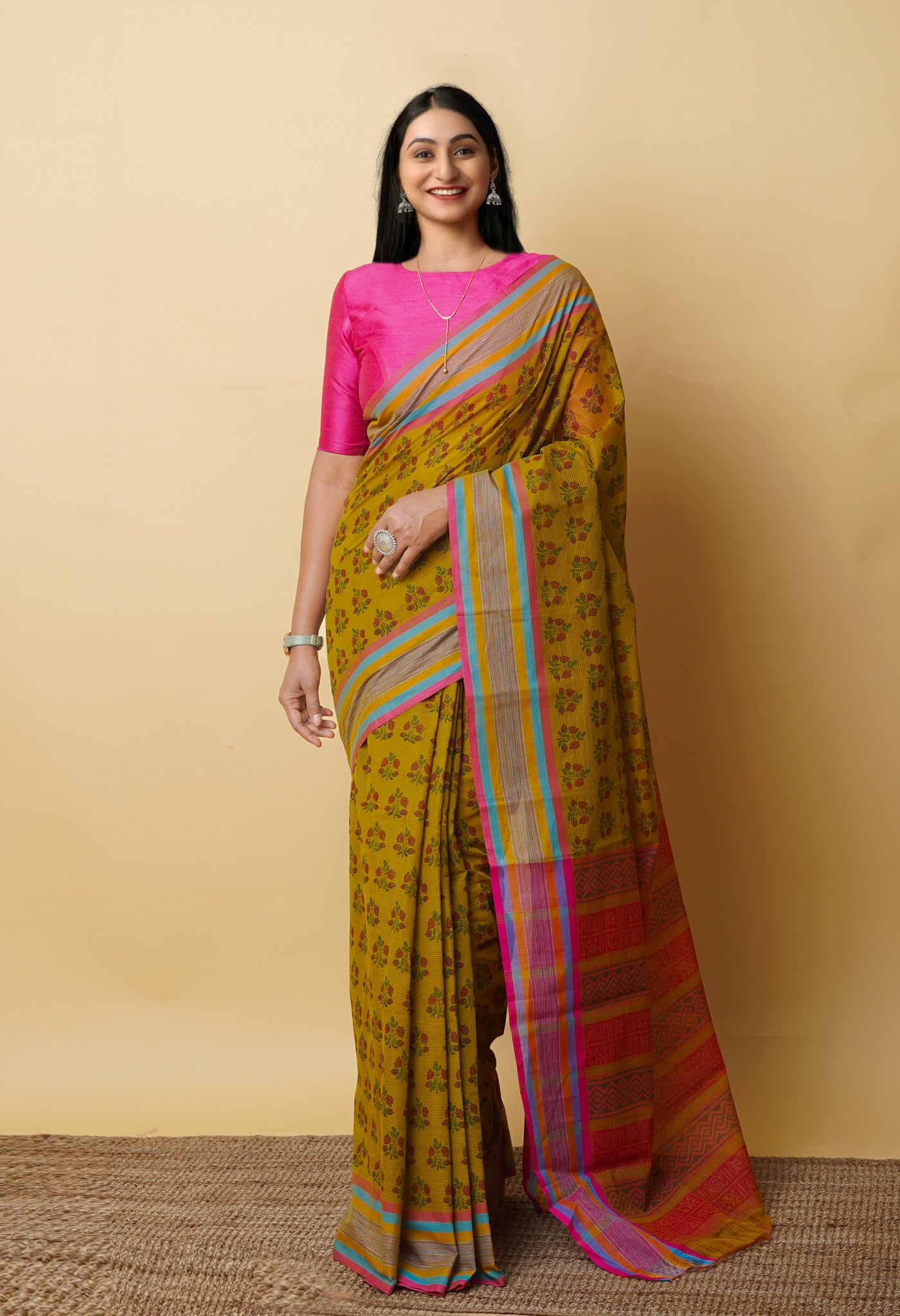 Mehind Green Pure Block Printed Mangalgiri Cotton Saree
