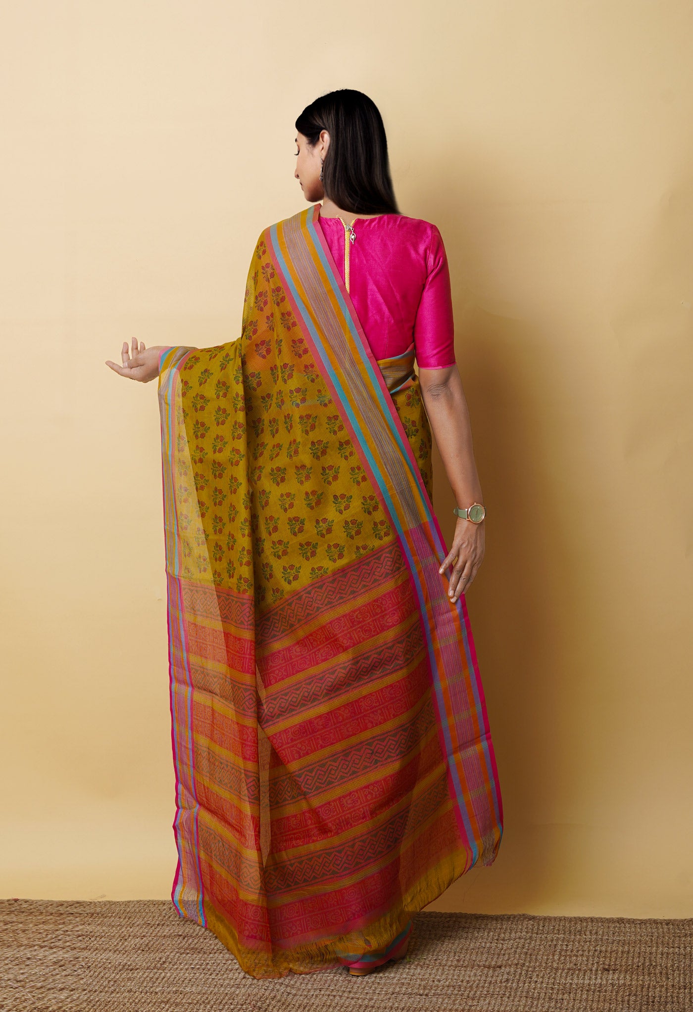 Mehind Green Pure Block Printed Mangalgiri Cotton Saree